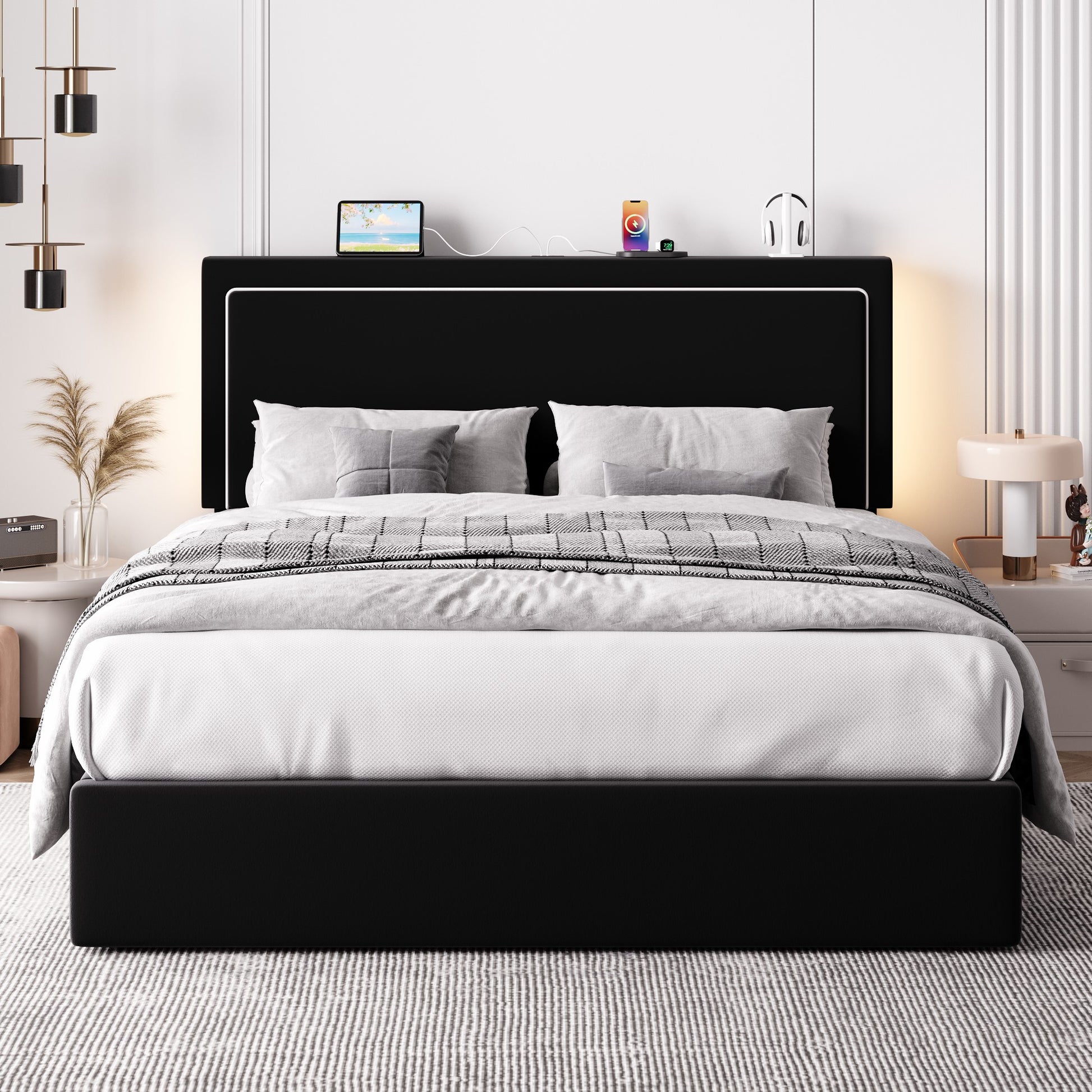 Einfach Lift Up Hydraulic Bed Frame, Upholstered Velvet Storage Headboard Platform Bed with LED Light and Built-in Charging Station