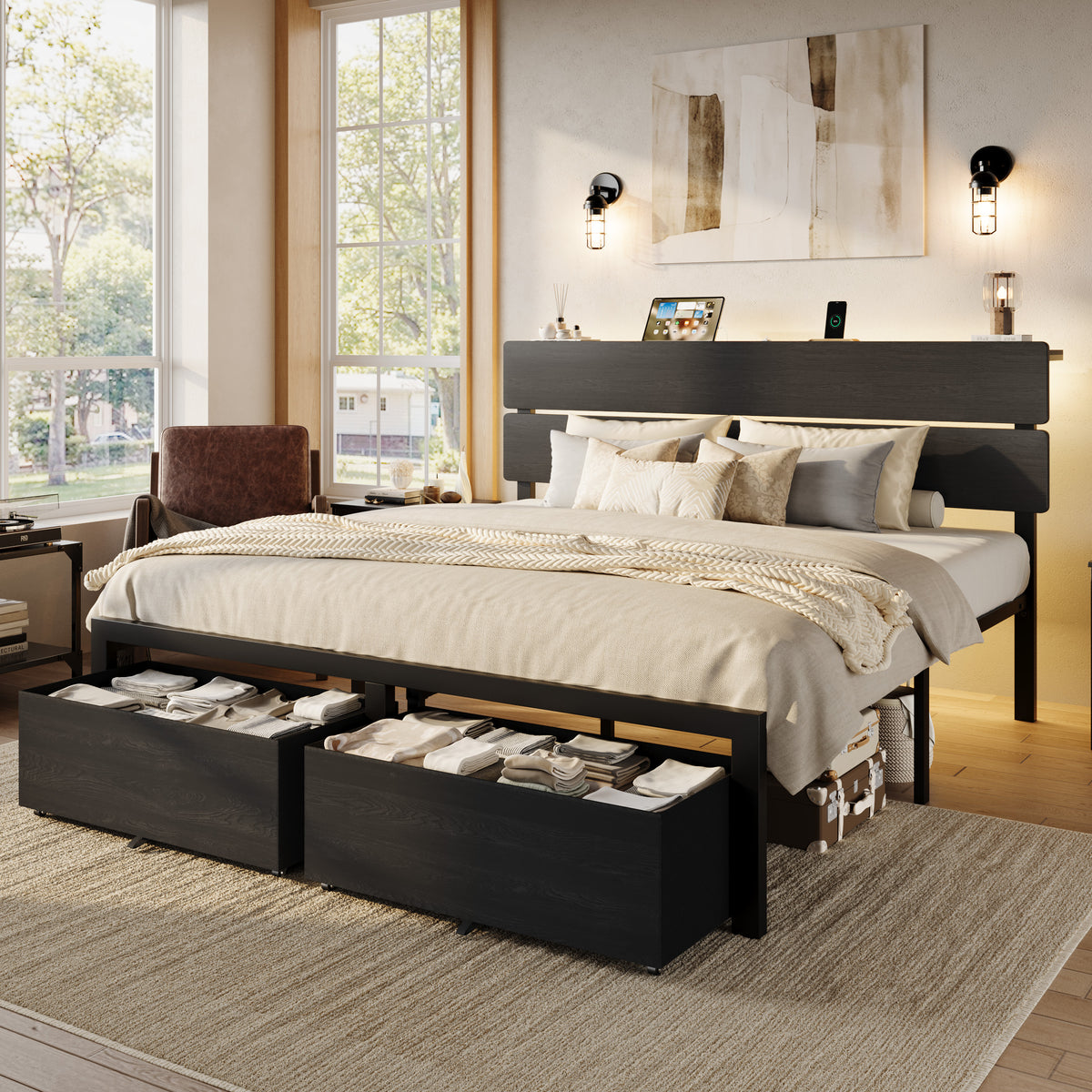 Einfach Bed Frame with 2 Large‑Capacity Drawers, LED Wooden Storage Headboard and Charging Station, No Box Spring Required