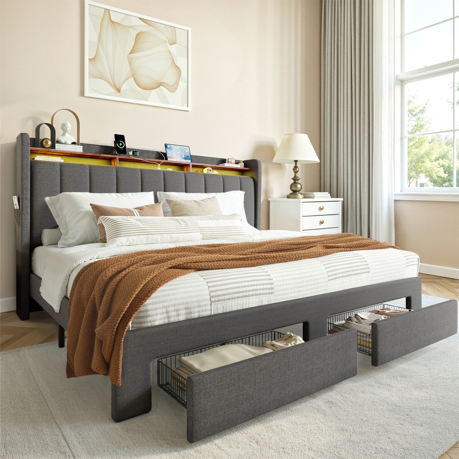 Einfach Bed Frame, Storage Bed with Built-In Charging Station, Velvet Upholstered Wingback Headboard