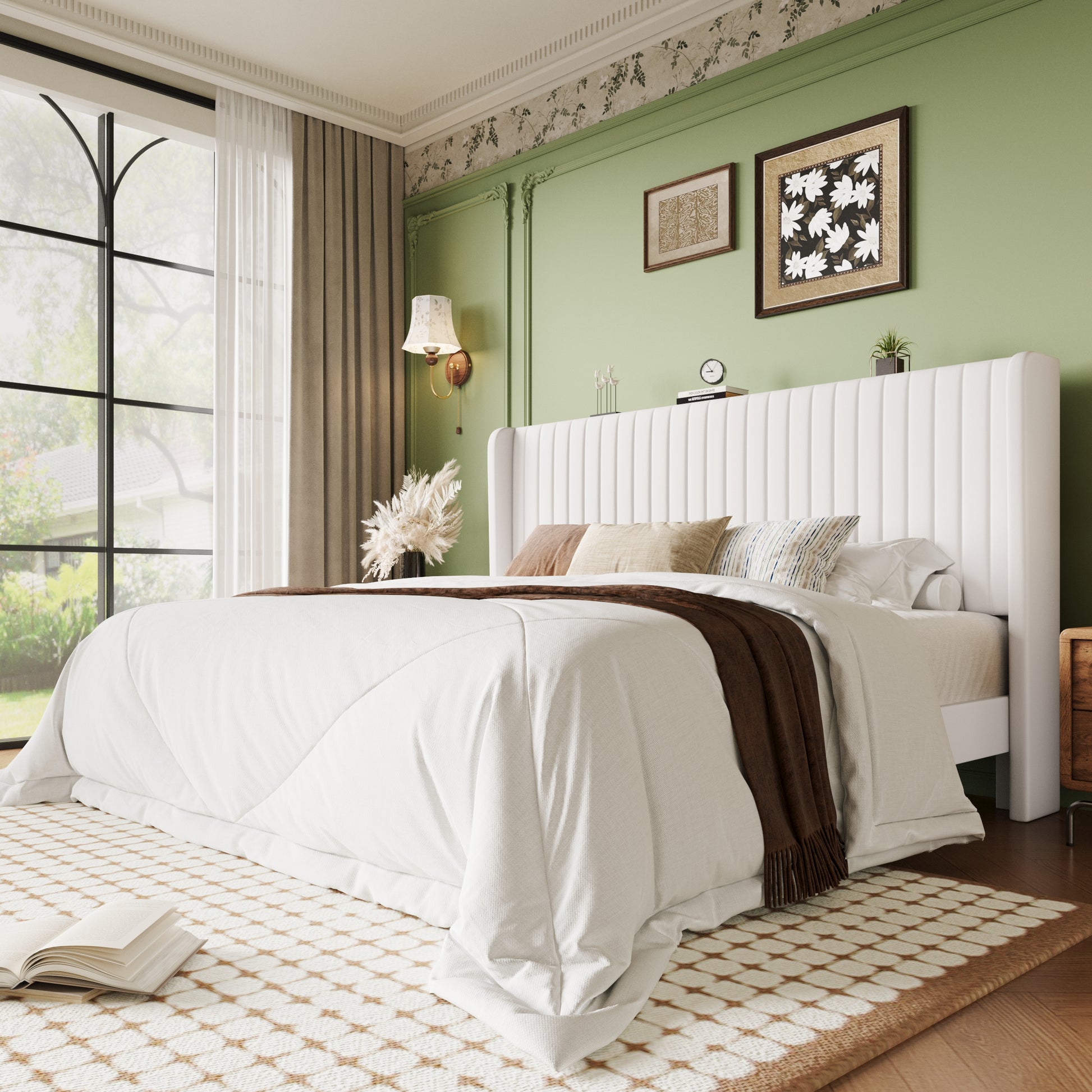 Einfach Bed Frame, Upholstered Platform Bed with Wingback Headboard, No Box Spring Required