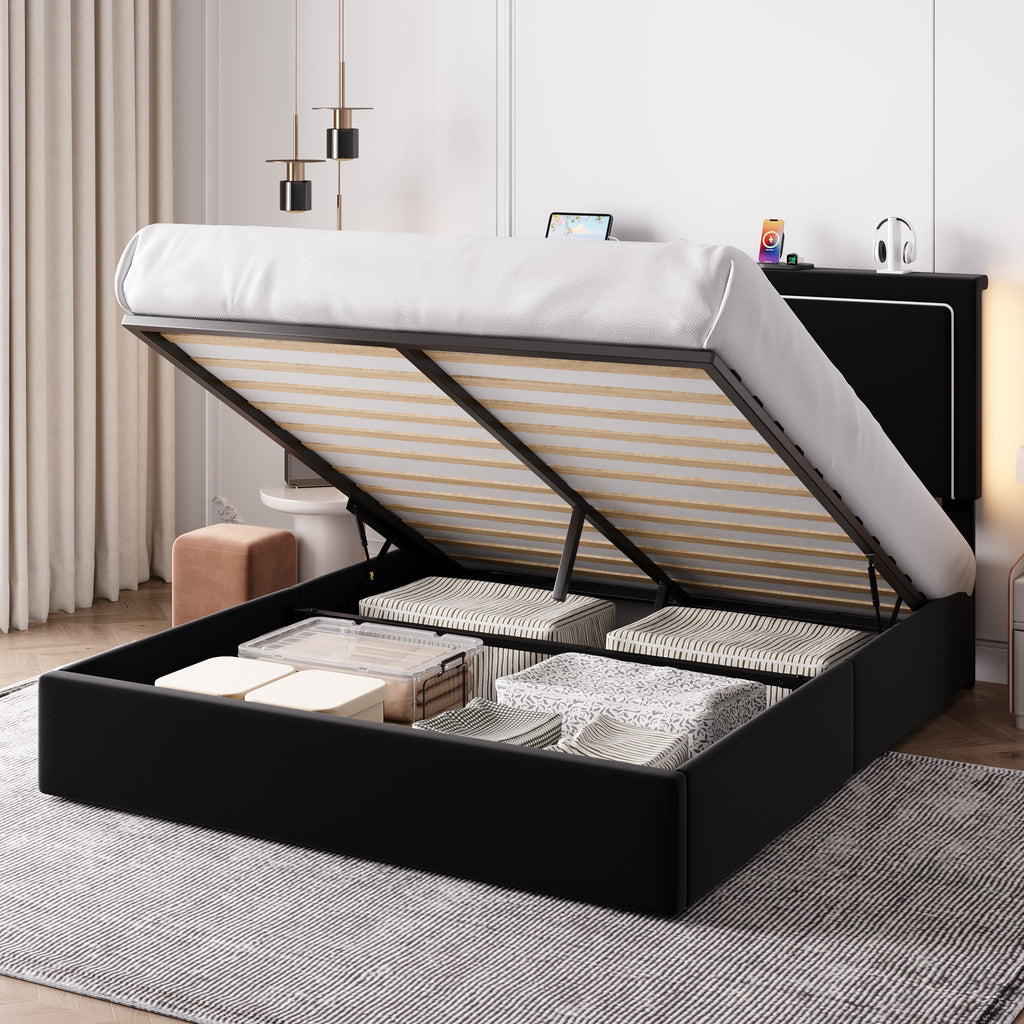 Einfach Lift Up Hydraulic Bed Frame, Upholstered Velvet Storage Headboard Platform Bed with LED Light and Built-in Charging Station
