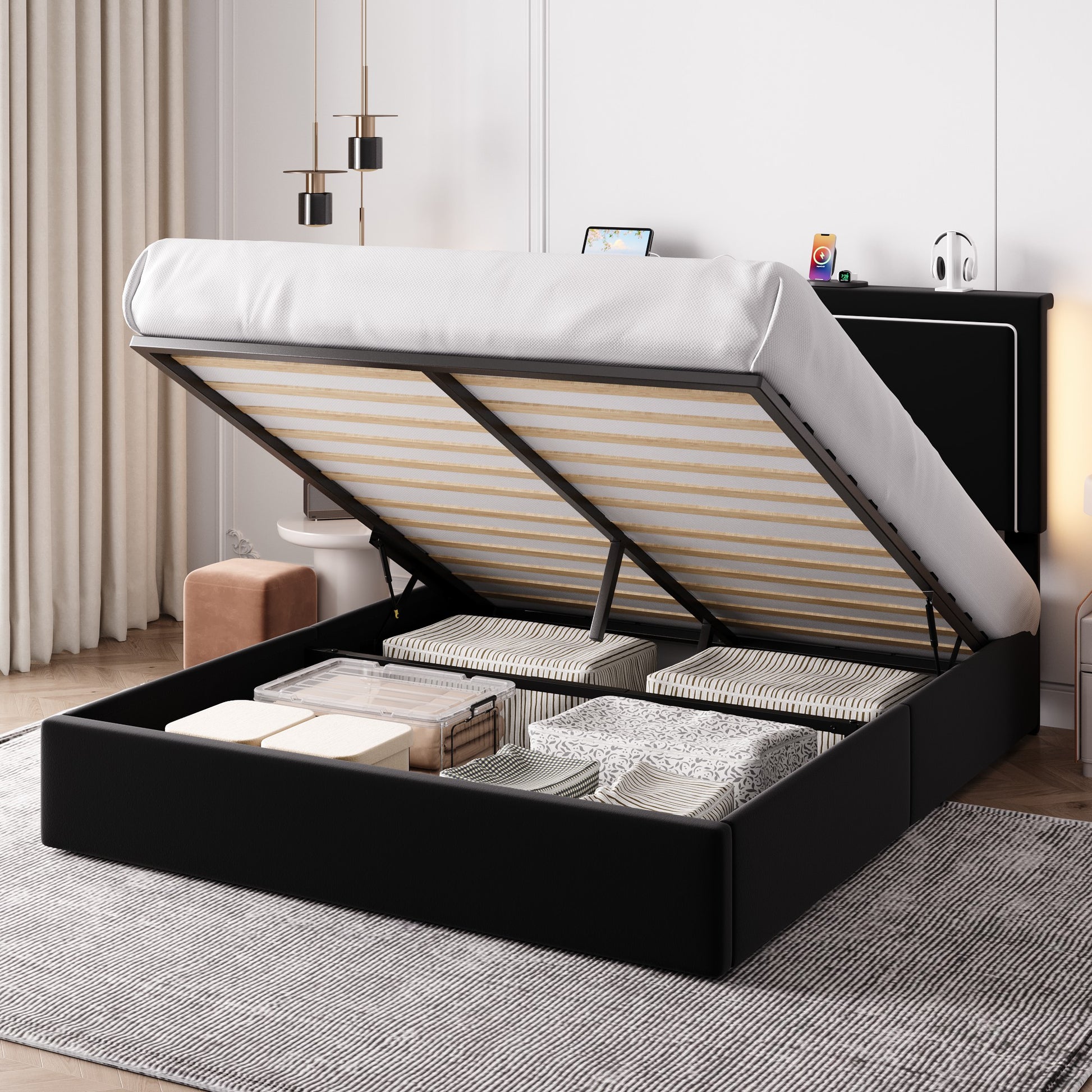 Einfach Lift Up Hydraulic Bed Frame, Upholstered Velvet Storage Headboard Platform Bed with LED Light and Built-in Charging Station