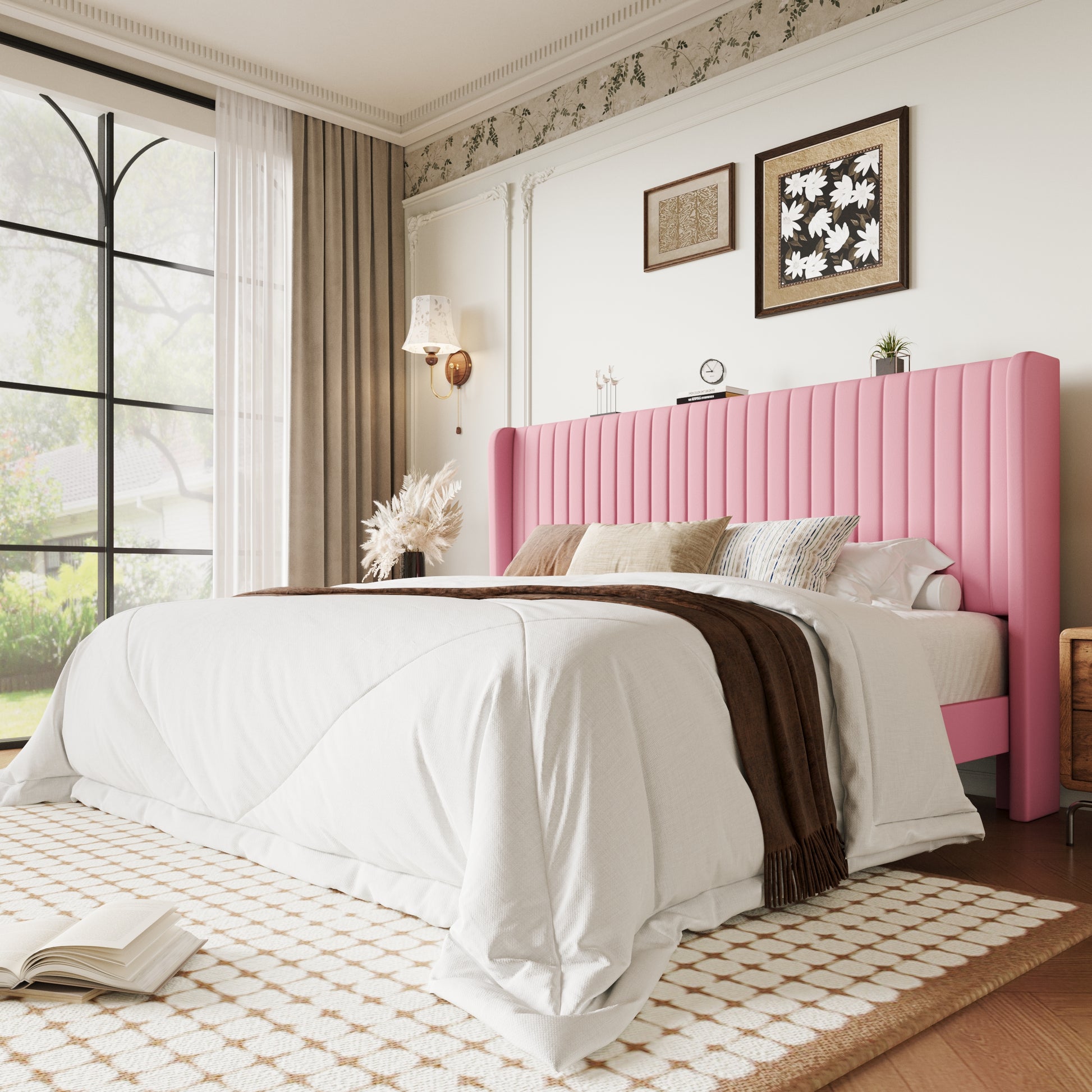 Einfach Bed Frame, Upholstered Platform Bed with Wingback Headboard, No Box Spring Required