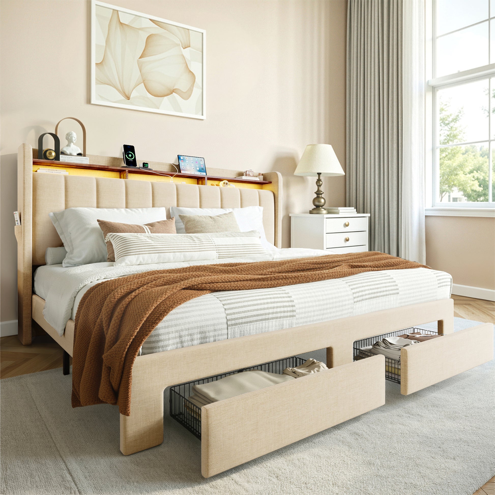 Einfach Bed Frame, Storage Bed with Built-In Charging Station, Velvet Upholstered Wingback Headboard
