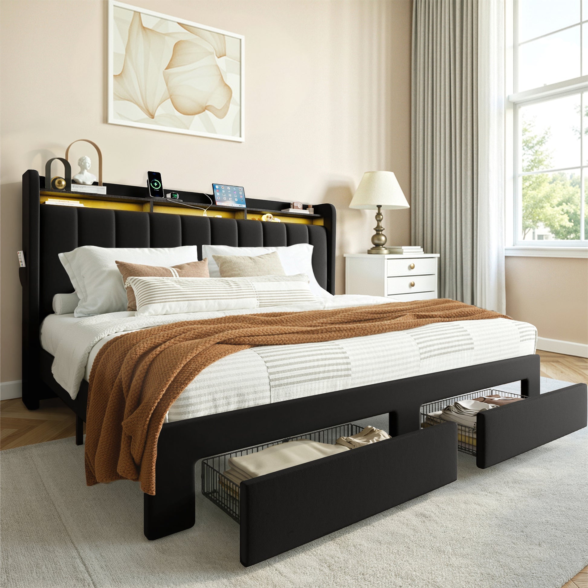 Einfach Bed Frame, Storage Bed with Built-In Charging Station, Velvet Upholstered Wingback Headboard