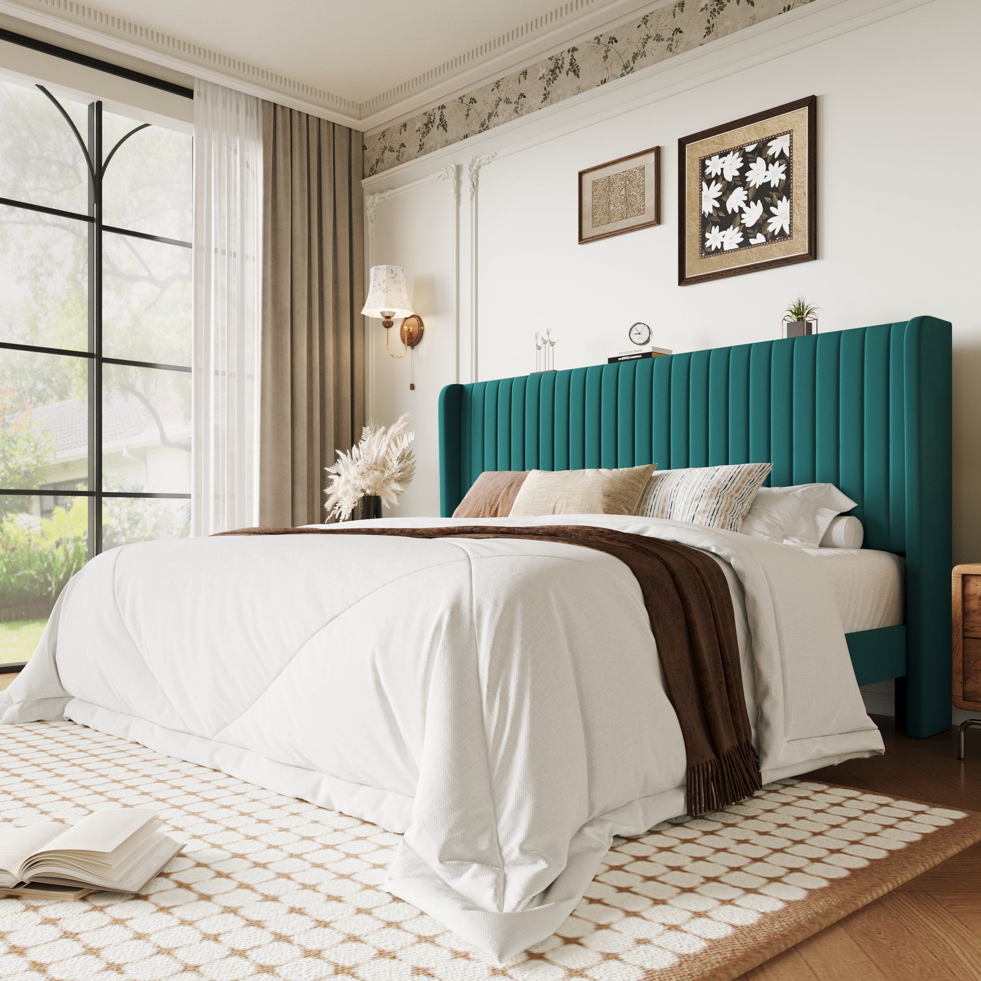 Einfach Bed Frame, Upholstered Platform Bed with Wingback Headboard, No Box Spring Required