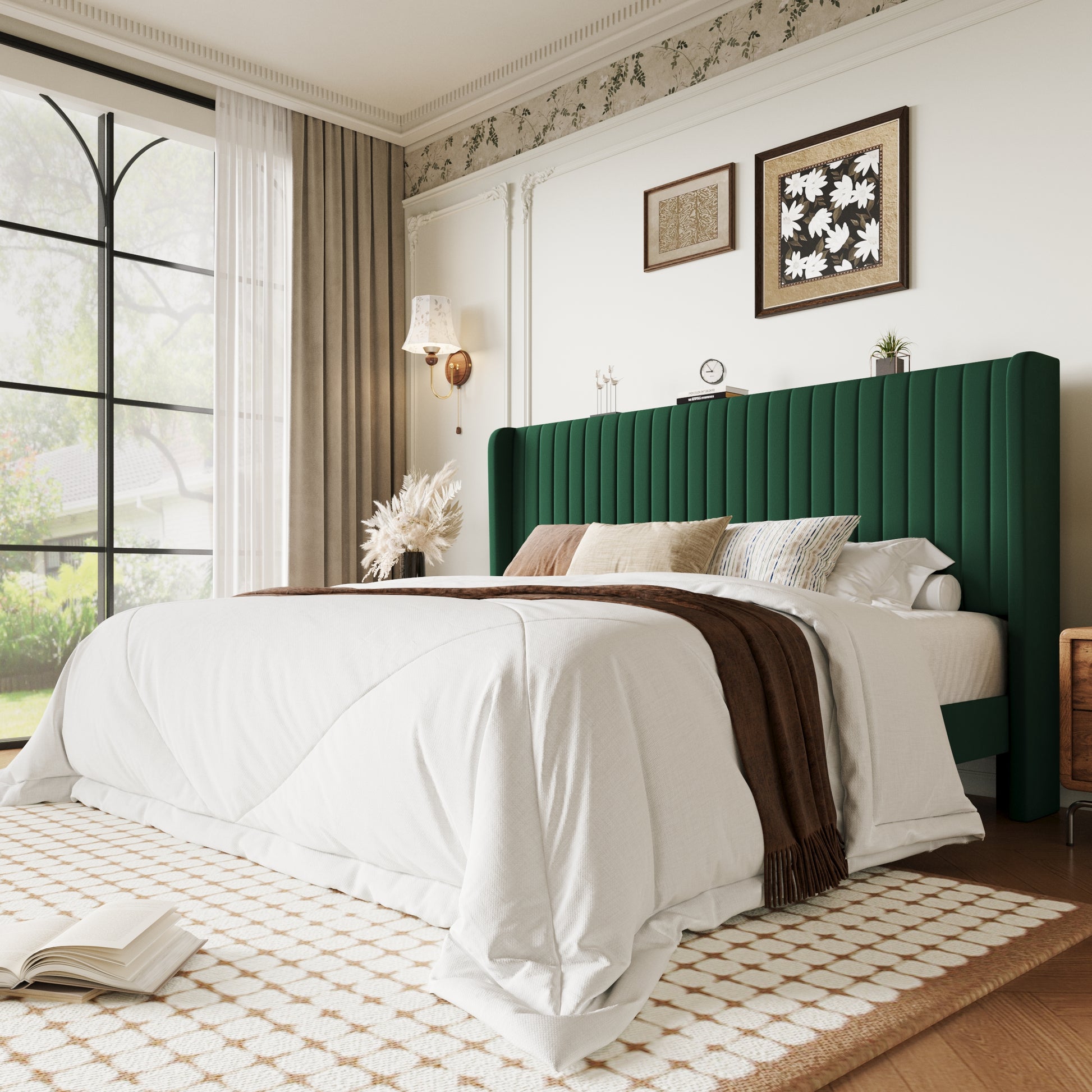 Einfach Bed Frame, Upholstered Platform Bed with Wingback Headboard, No Box Spring Required