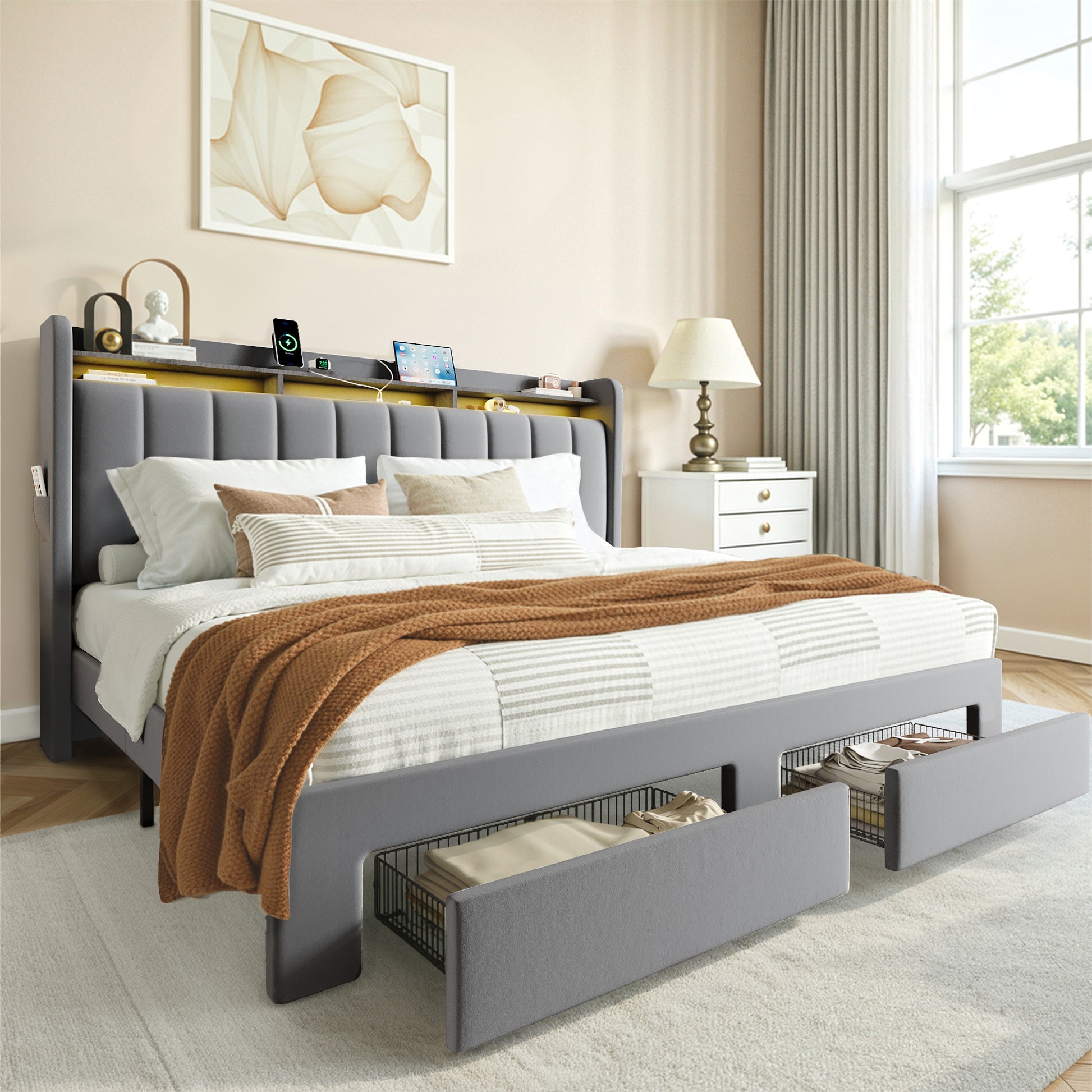 Einfach Bed Frame, Storage Bed with Built-In Charging Station, Velvet Upholstered Wingback Headboard