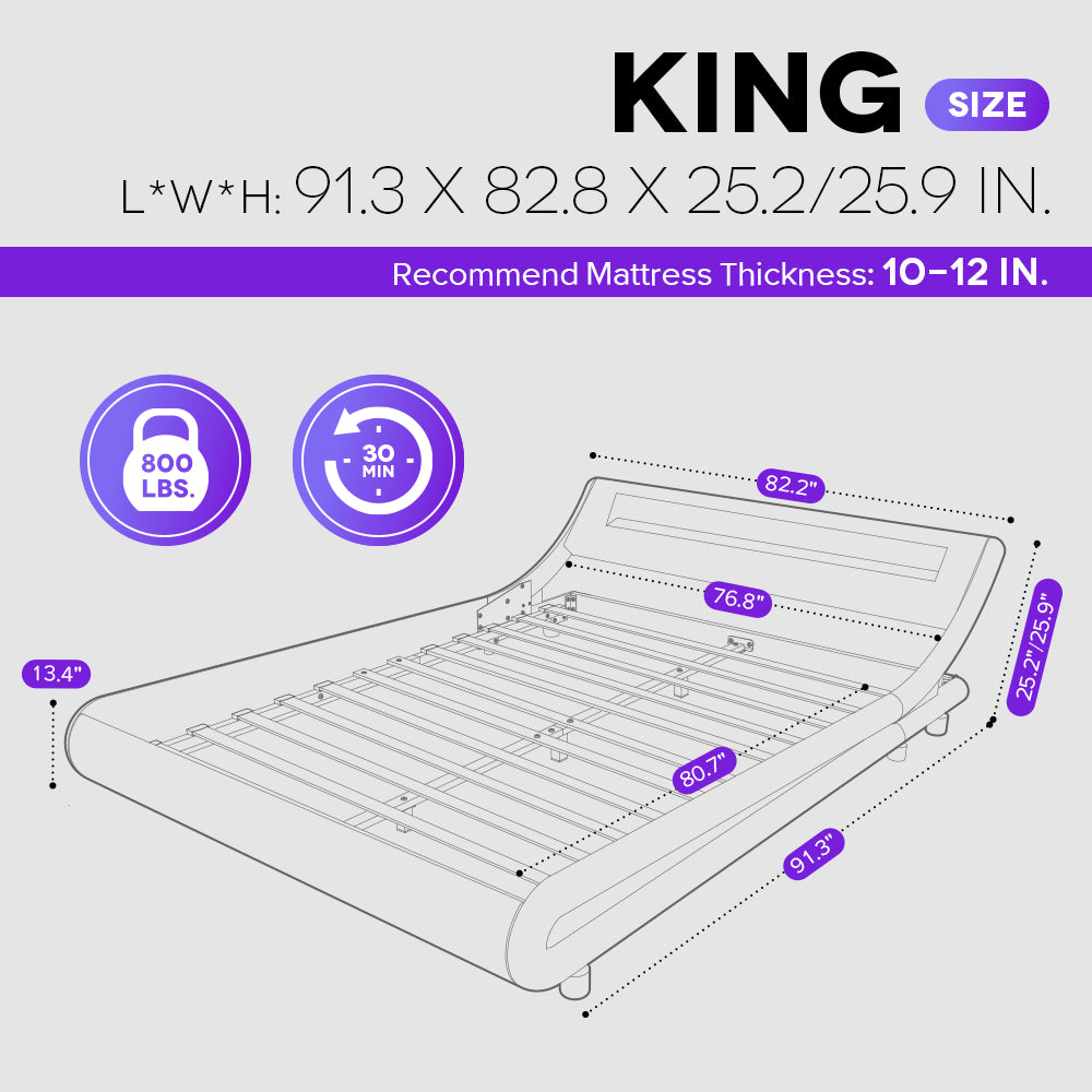 Einfach Faux Leather LED Sleigh Bed with Functional Headboard