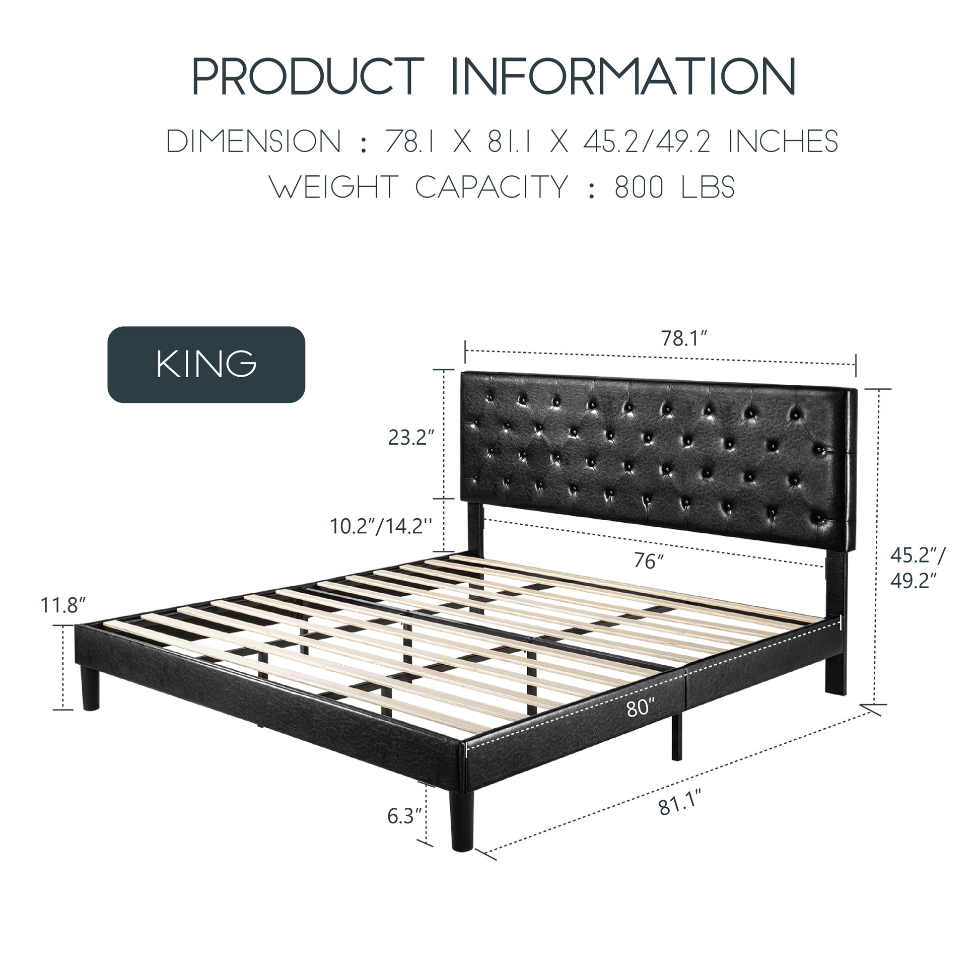 Einfach Faux Leather Platform Bed Frame with Diamond Button-tufted Headboard