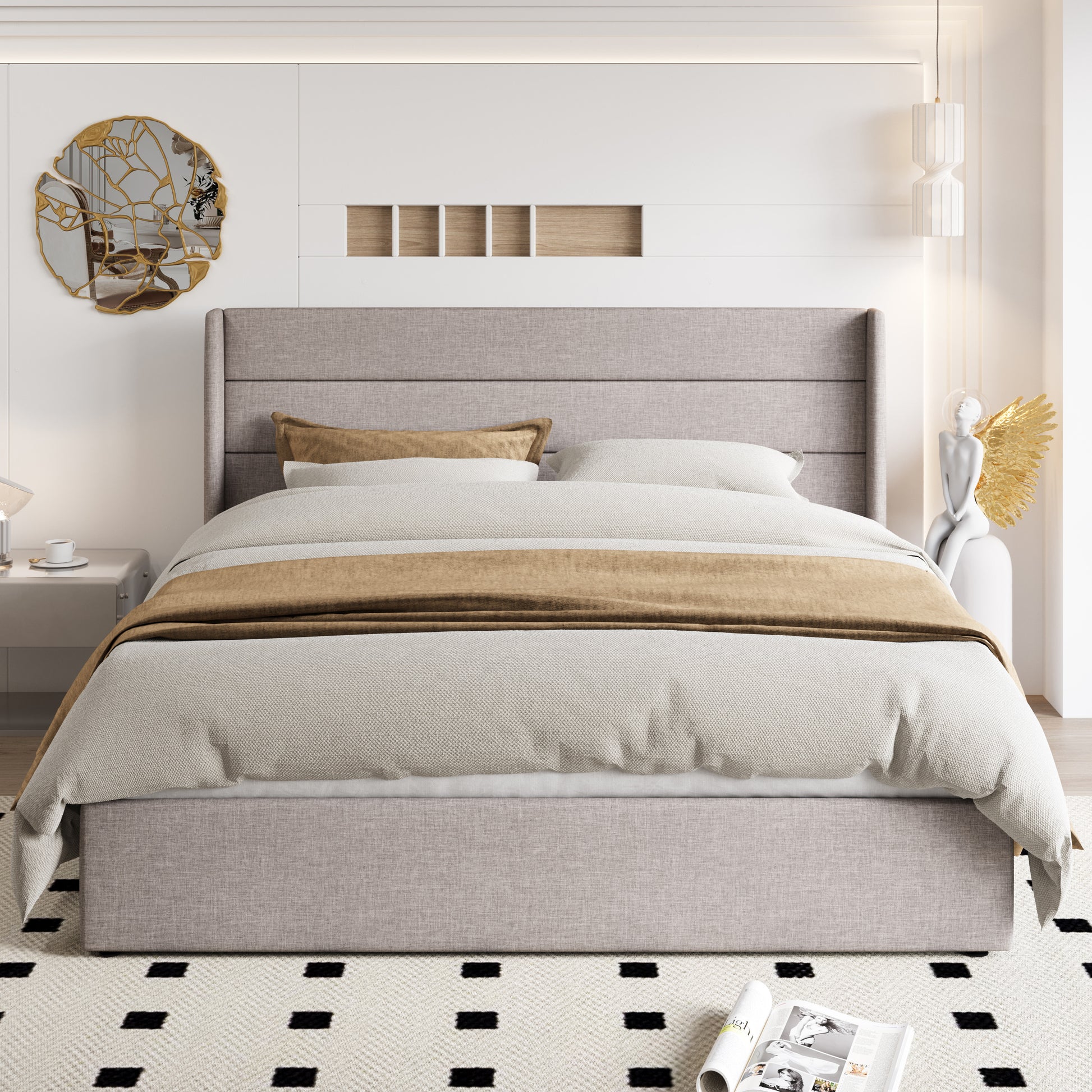 Einfach Lift up Platform Storage Bed Frame with Fabric Upholstered Wingback Button Tufted Headboard