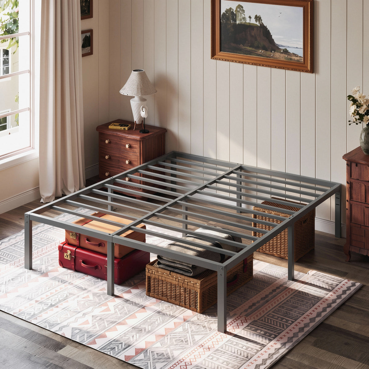 Einfach Bed Frame with Ample Under-Bed Storage Space, Heavy Duty, No Box Spring Needed