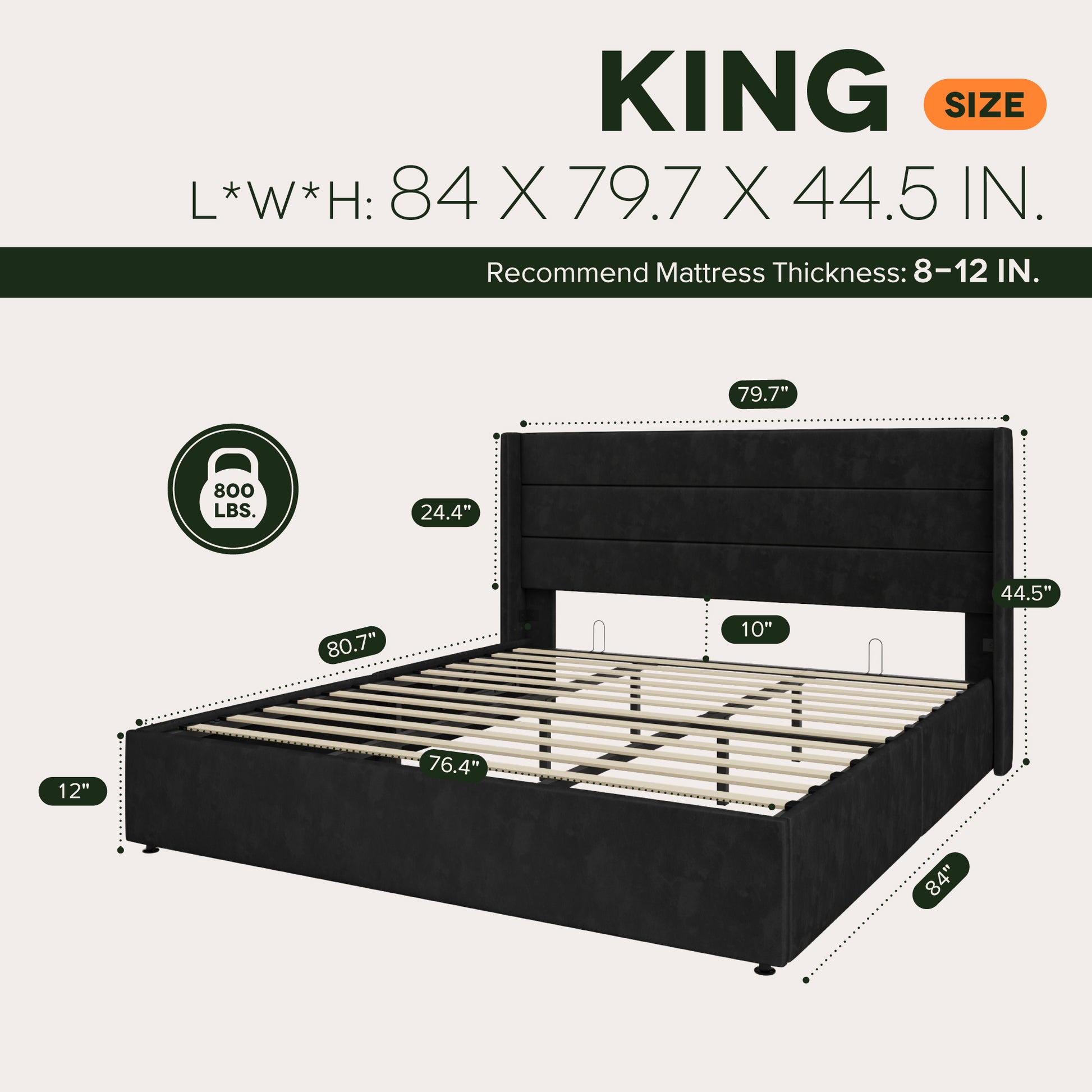 Einfach Hydraulic Lift up Platform Storage Bed Frame with Velvet Upholstered Wingback Panel Headboard