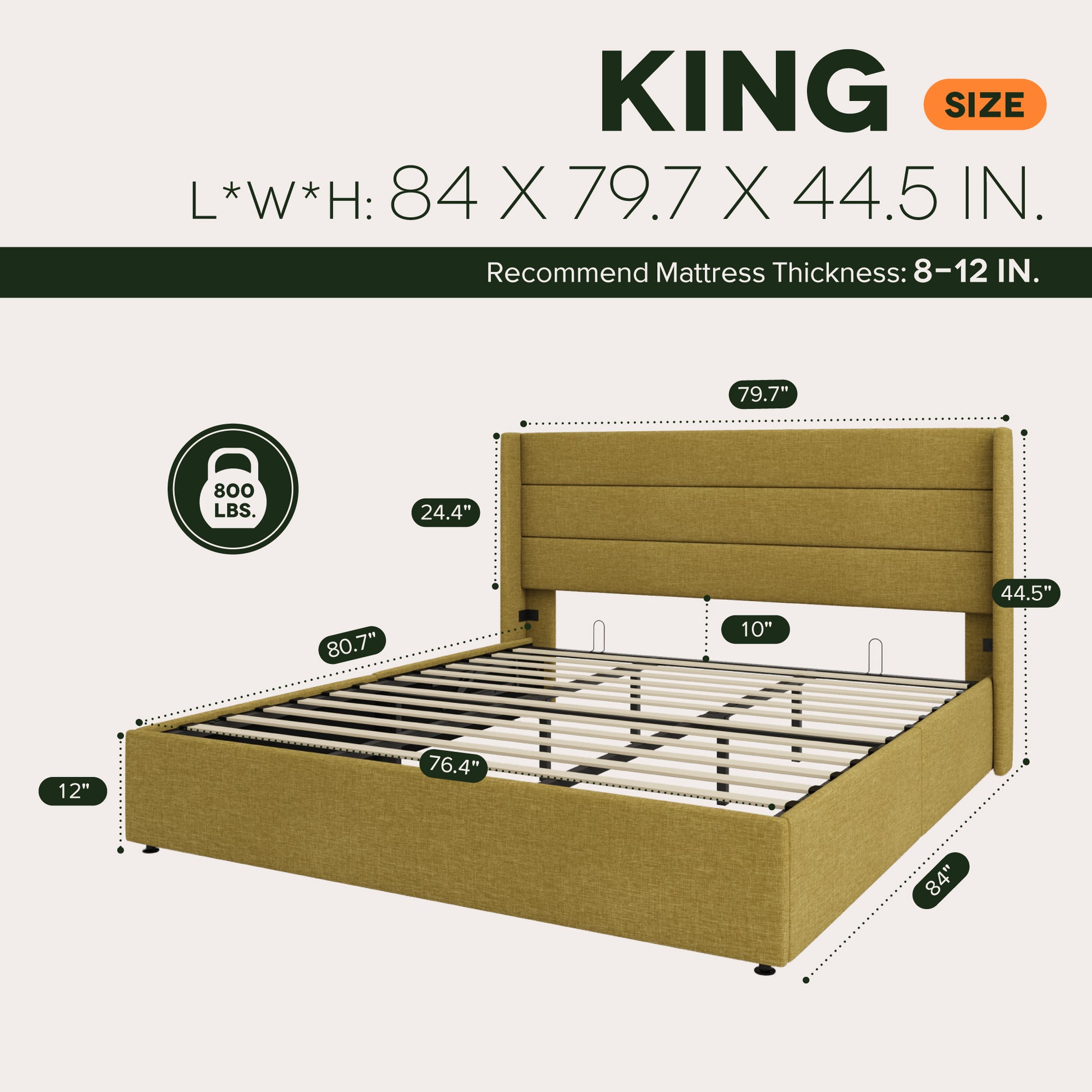 Einfach Lift up Platform Storage Bed Frame with Upholstered Wingback Headboard