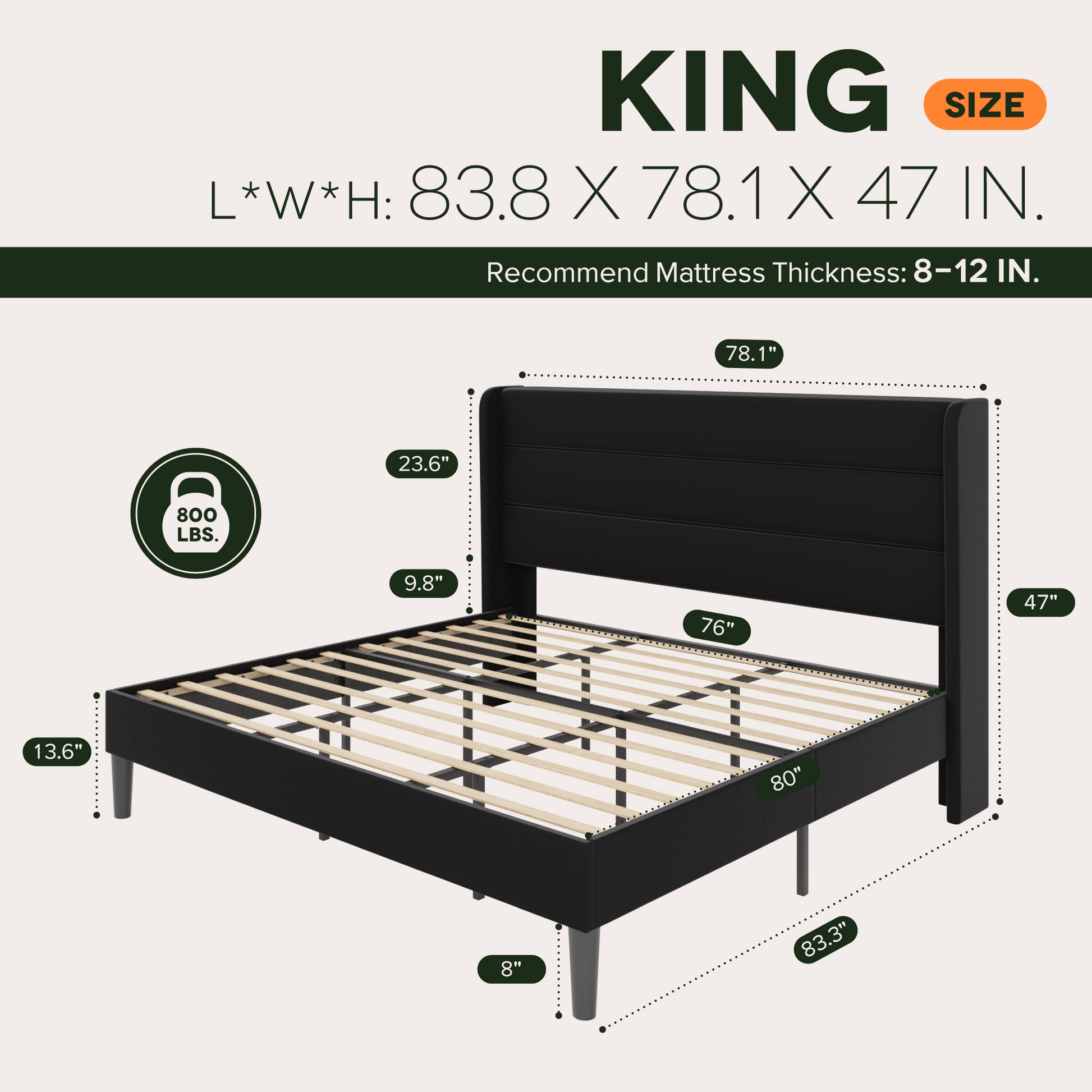 Einfach Luxury Velvet Upholstered Platform Bed Frame with Wingback Headboard