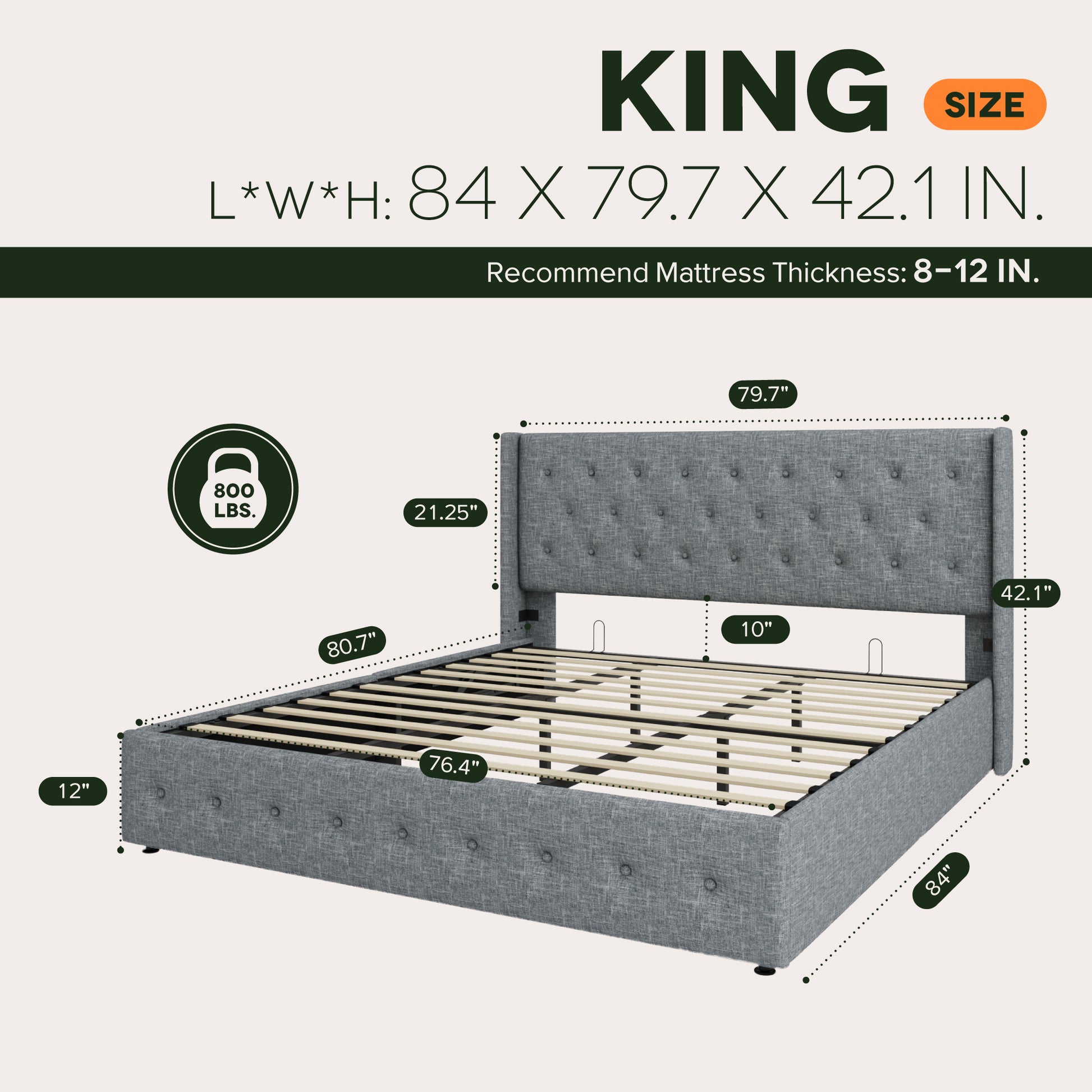 Einfach Lift up Platform Storage Bed Frame with Upholstered Wingback Headboard
