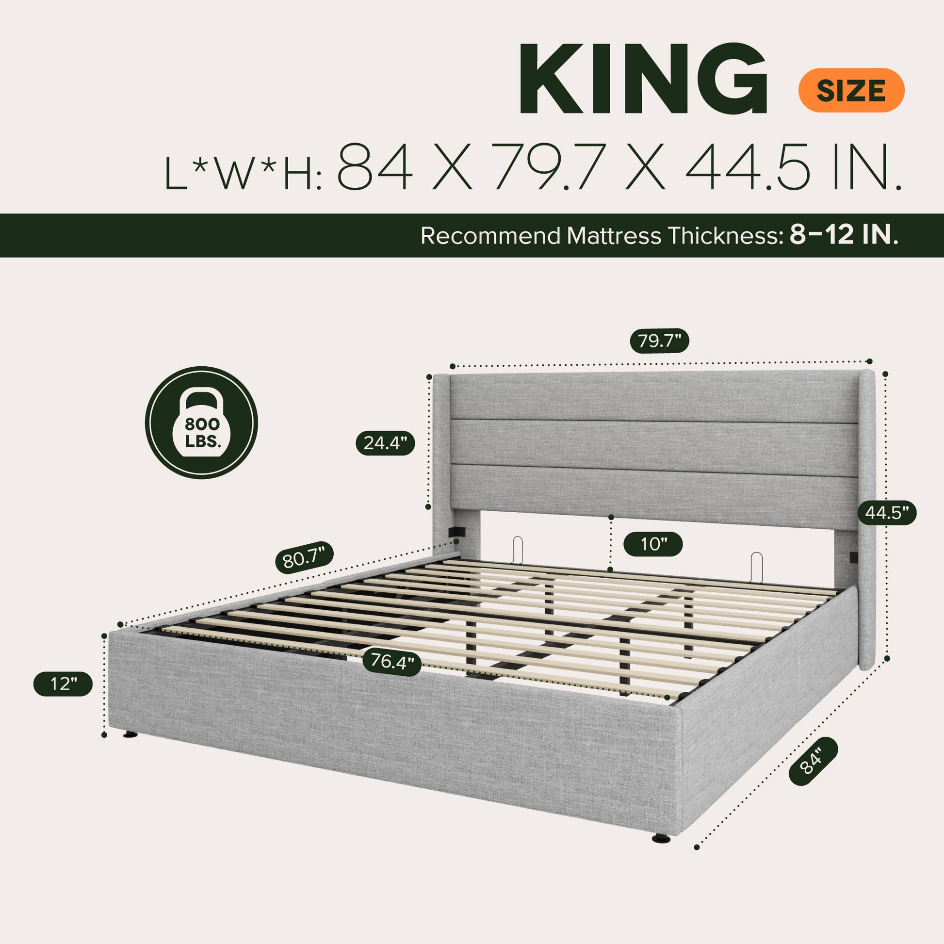 Einfach Lift up Platform Storage Bed Frame with Upholstered Wingback Headboard