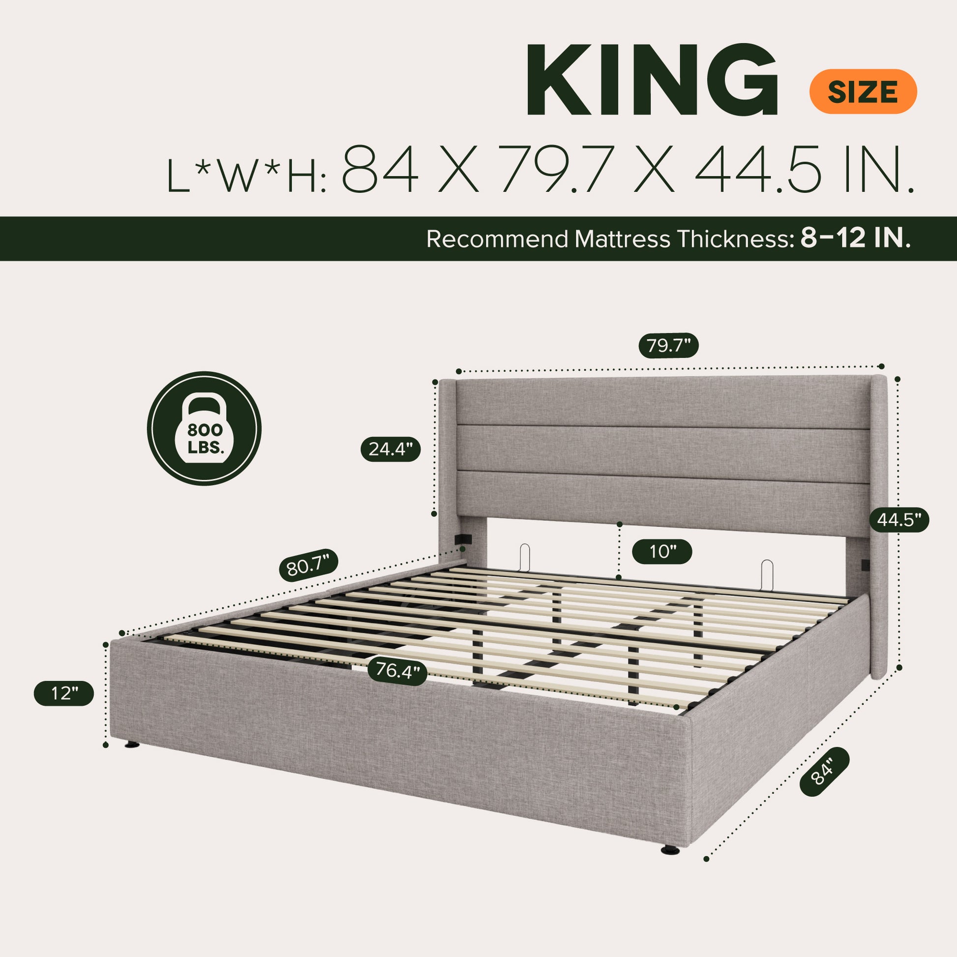 Einfach Lift up Platform Storage Bed Frame with Upholstered Wingback Headboard
