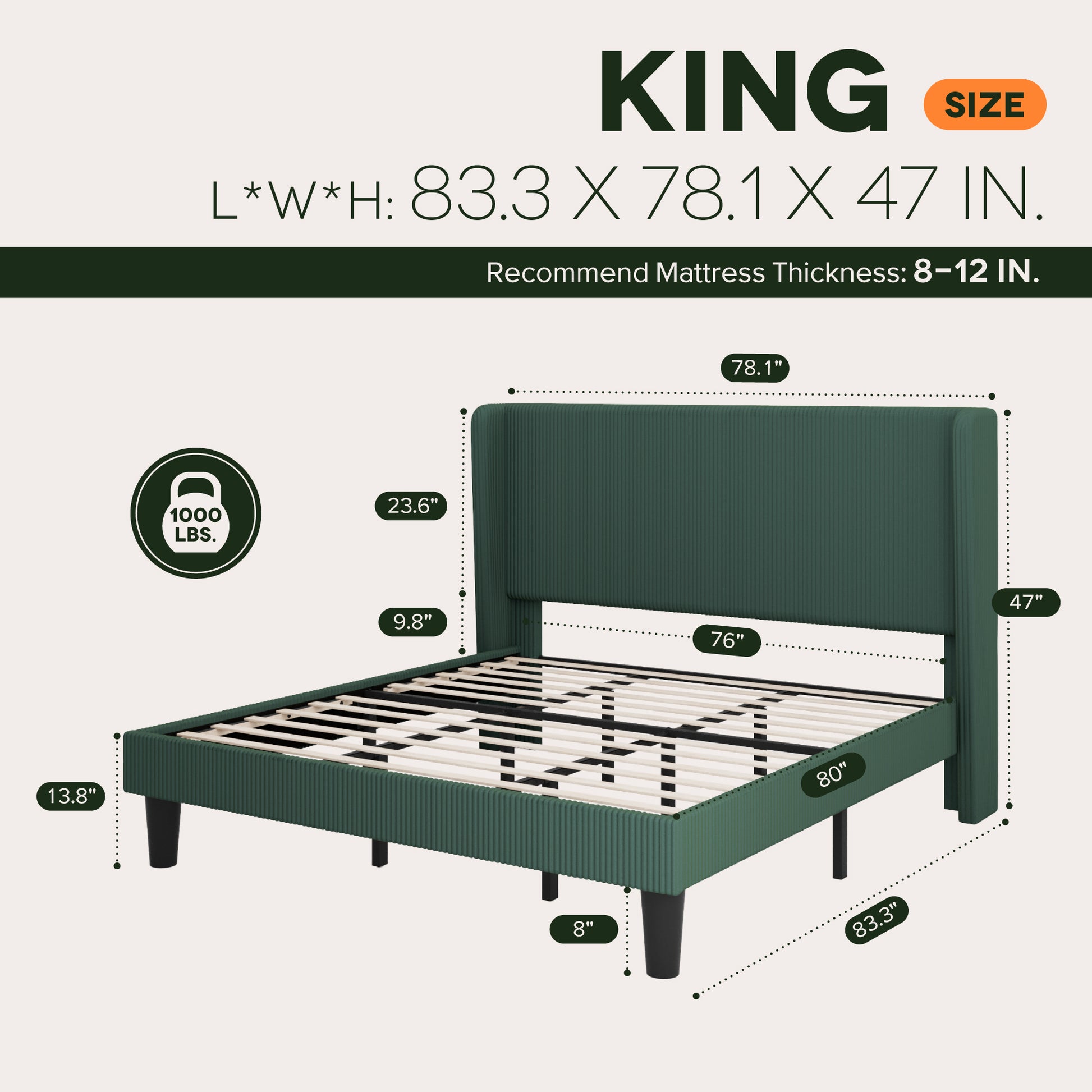 Einfach Luxury Channel-Tufted Corduroy Velvet Platform Bed Frame with Wingback Headboard