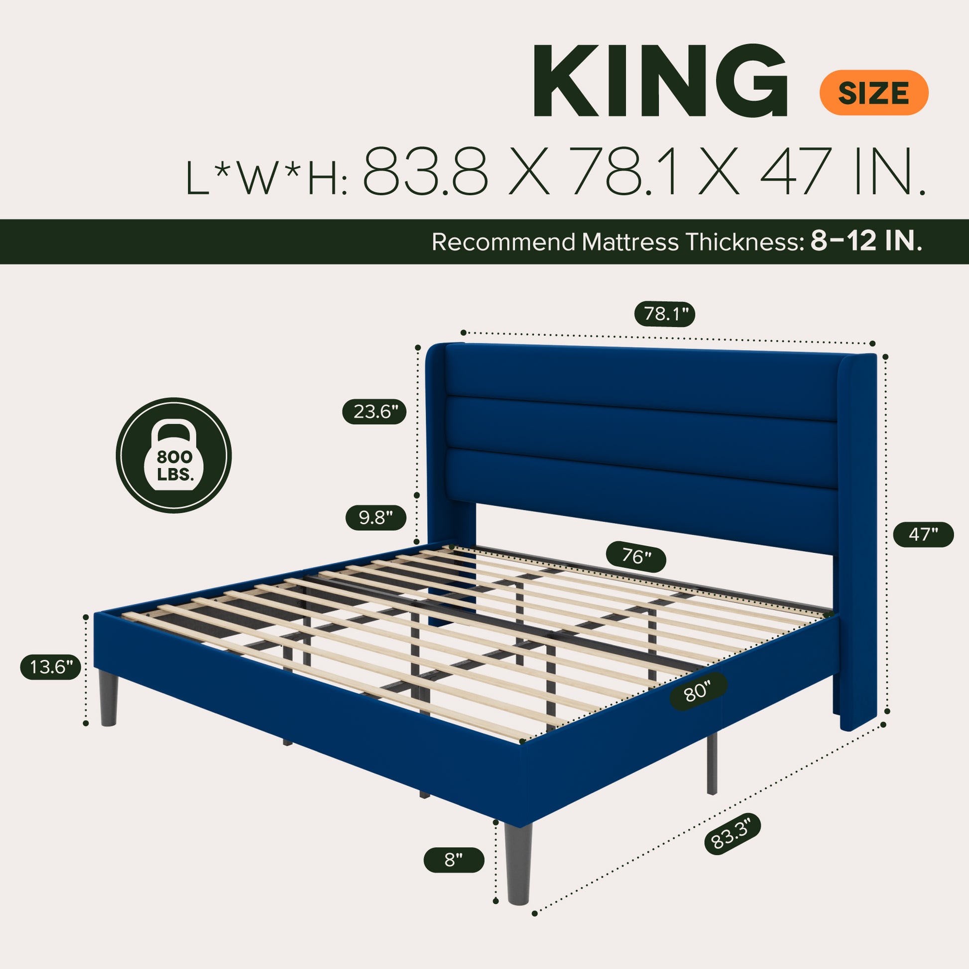 Einfach Luxury Velvet Upholstered Platform Bed Frame with Wingback Headboard