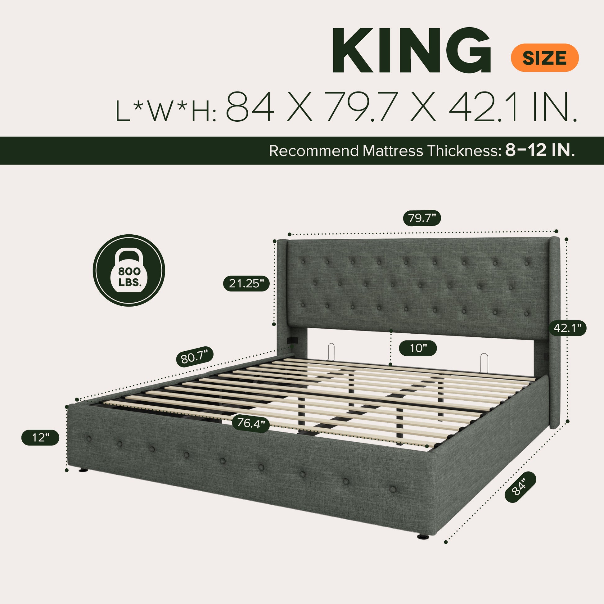 Einfach Lift up Platform Storage Bed Frame with Upholstered Wingback Headboard