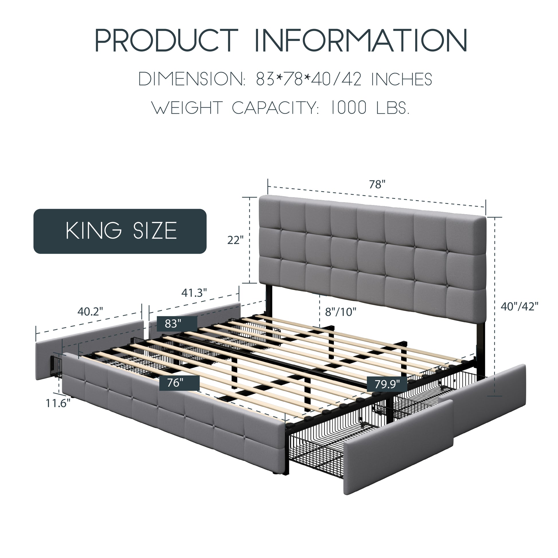 Einfach Linen Fabirc Platform Bed with 4 Big Storage Drawers, Adjustable Headboard