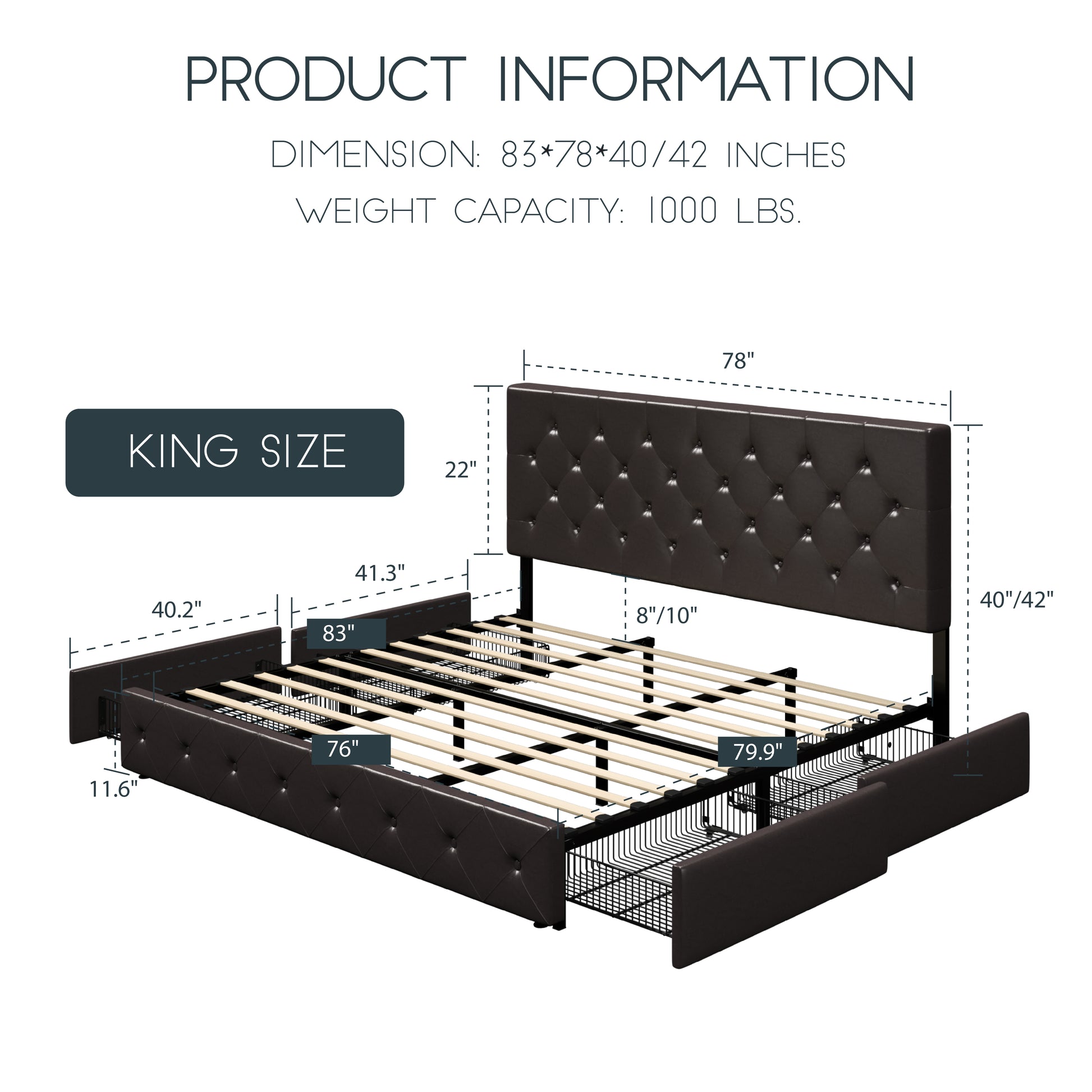 Einfach PU Leather Platform Bed with 4 Big Storage Drawers, Diamond Button Tufted Adjustable Headboard