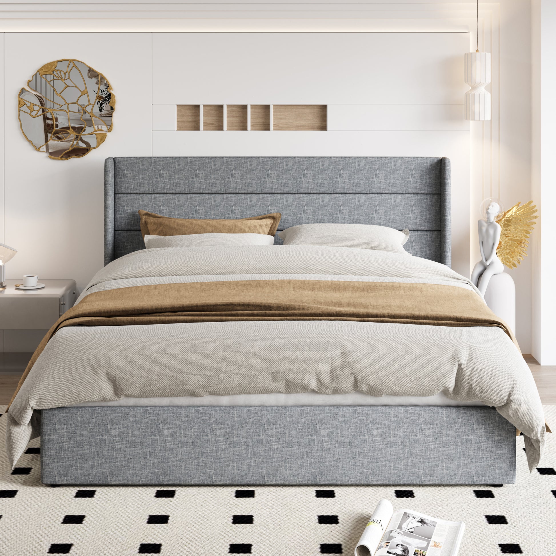 Einfach Lift up Platform Storage Bed Frame with Fabric Upholstered Wingback Button Tufted Headboard