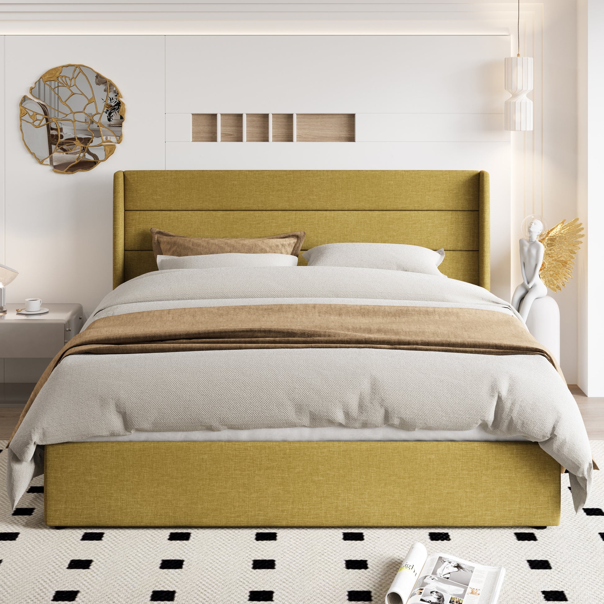 Einfach Lift up Platform Storage Bed Frame with Fabric Upholstered Wingback Button Tufted Headboard