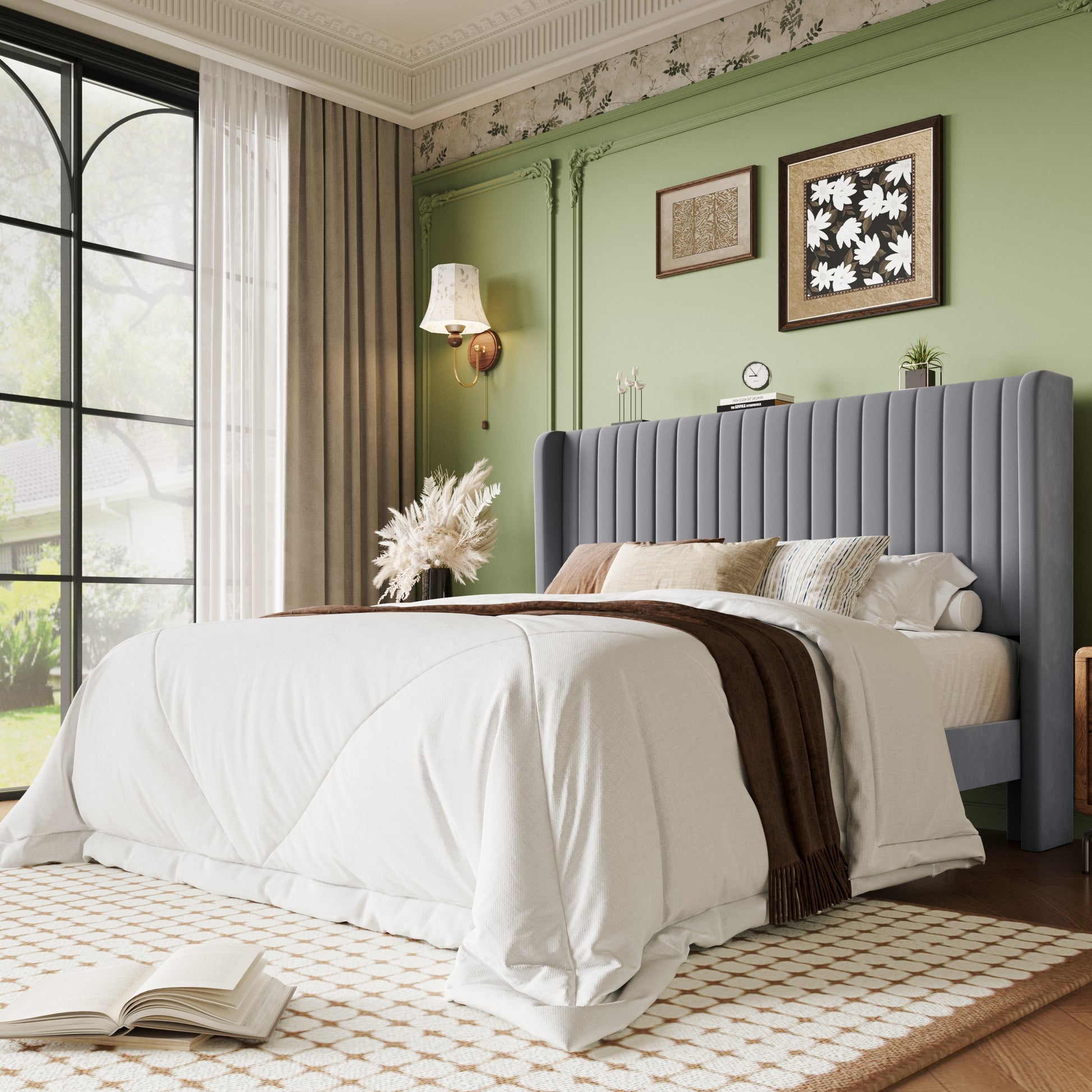 Einfach Upholstered Bed Frame with Wingback Headboard, Vertical Tufted, Velvet Finish