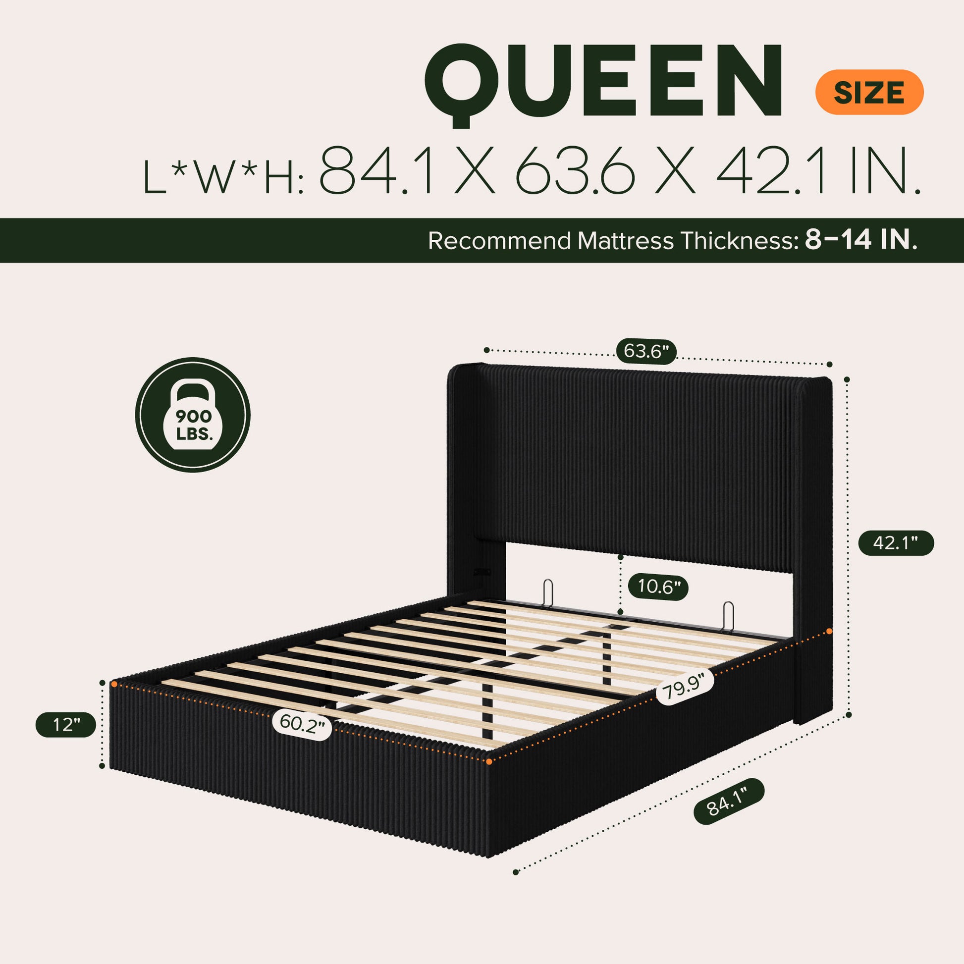 Einfach Hydraulic Lift Up Storage Bed Frame, Corduroy Upholstered Wingback Headboard, Ample Under-bed Storage