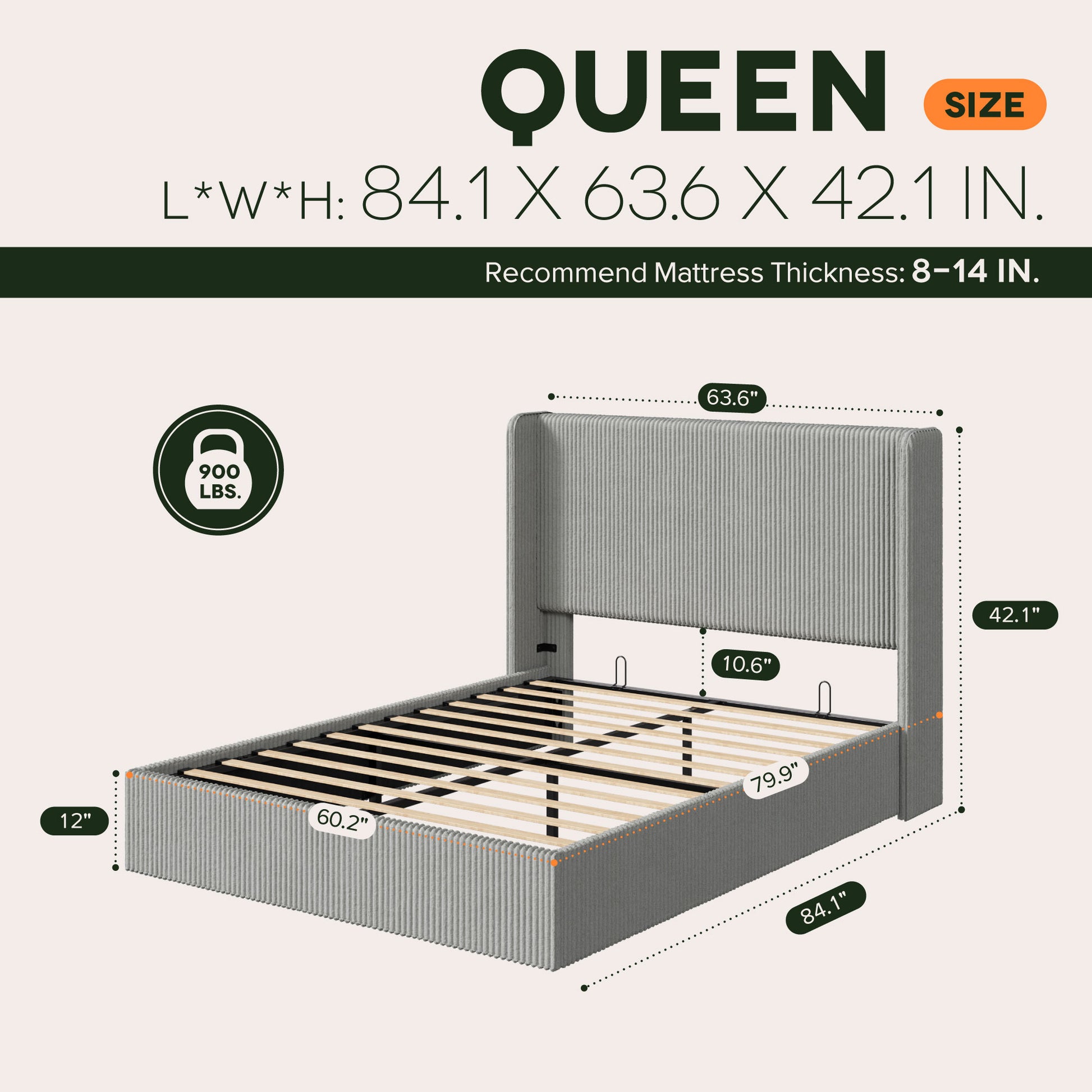 Einfach Hydraulic Lift Up Storage Bed Frame, Corduroy Upholstered Wingback Headboard, Ample Under-bed Storage