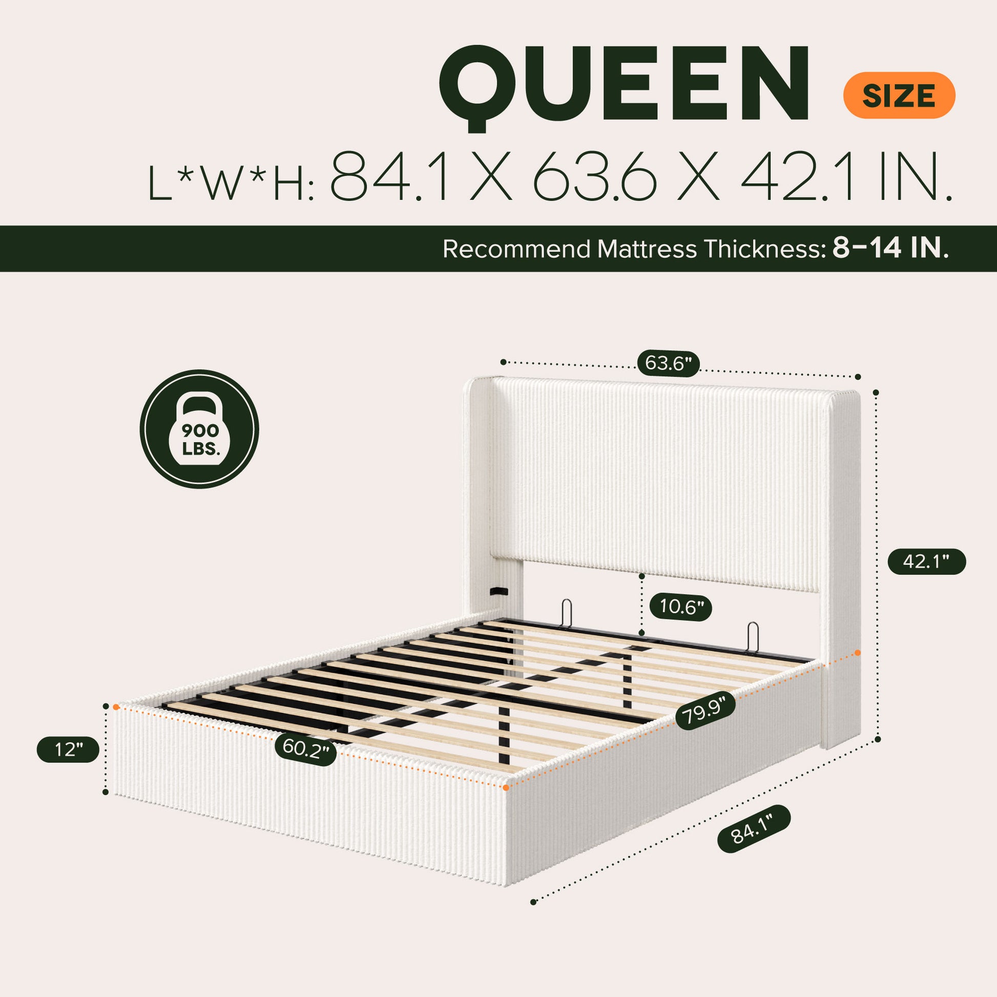 Einfach Hydraulic Lift Up Storage Bed Frame, Corduroy Upholstered Wingback Headboard, Ample Under-bed Storage