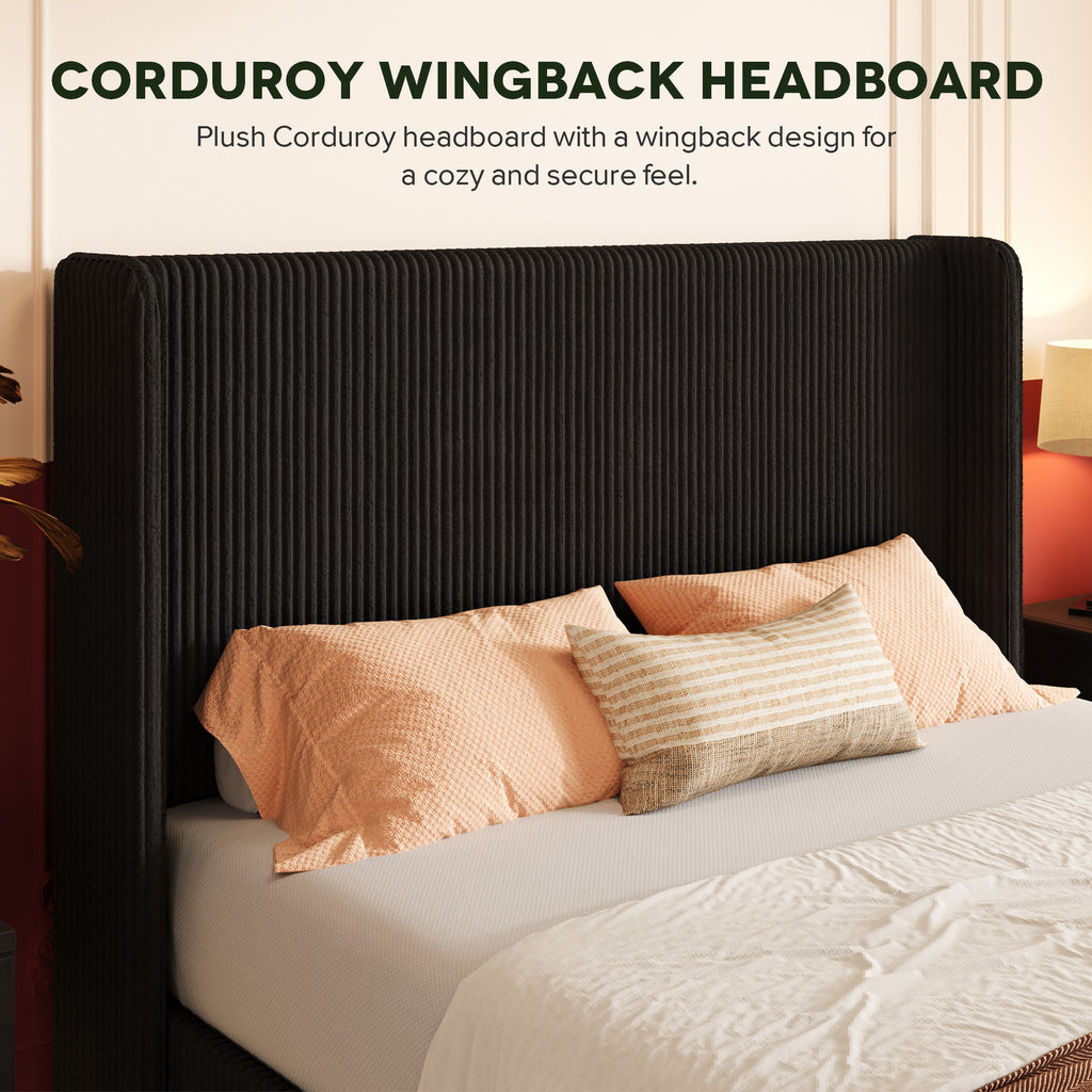 Einfach Hydraulic Lift Up Storage Bed Frame, Corduroy Upholstered Wingback Headboard, Ample Under-bed Storage