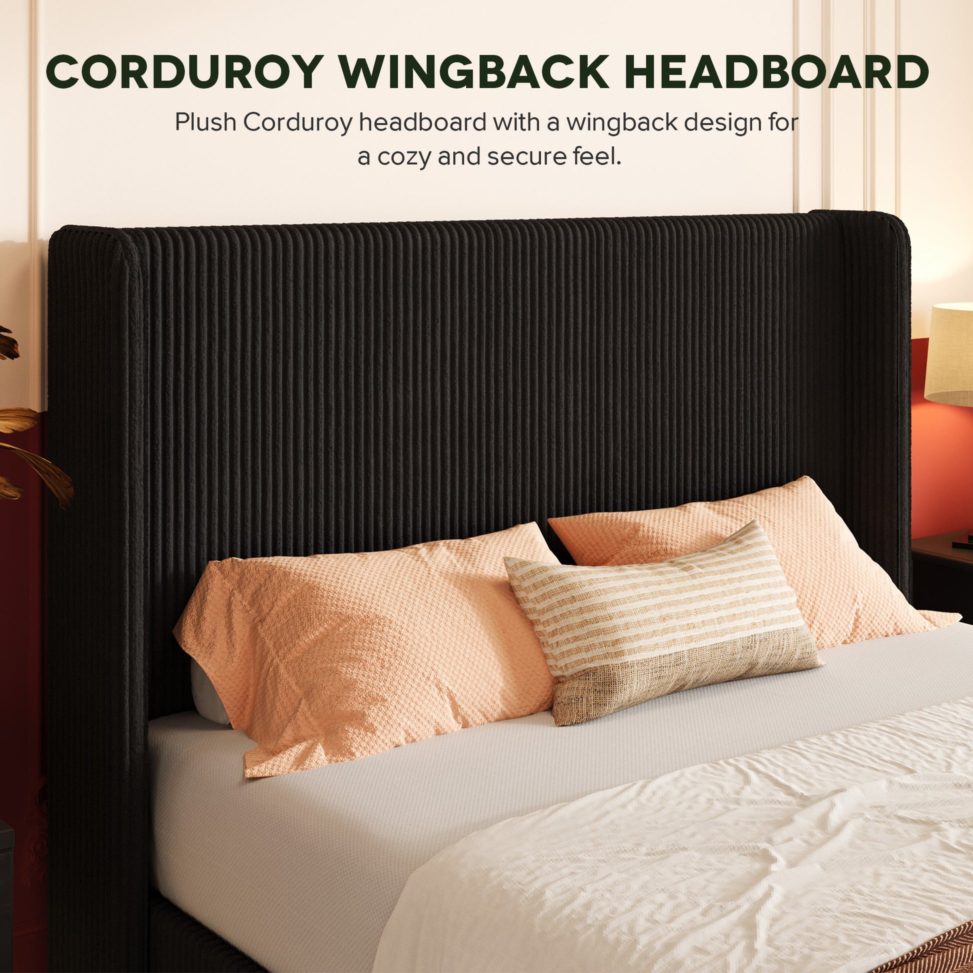 Einfach Hydraulic Lift Up Storage Bed Frame, Corduroy Upholstered Wingback Headboard, Ample Under-bed Storage