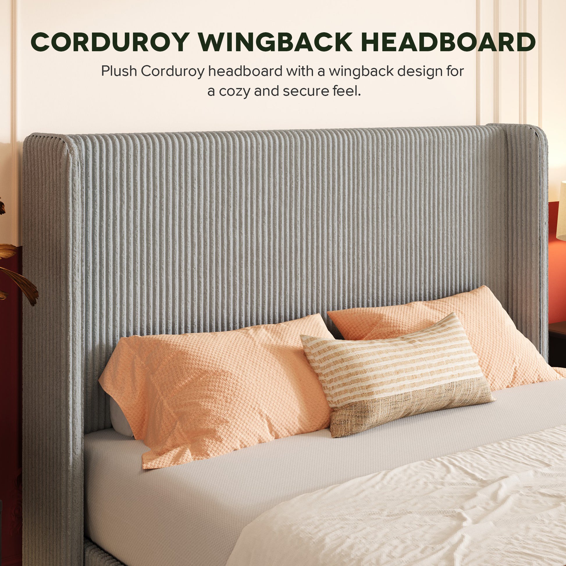 Einfach Hydraulic Lift Up Storage Bed Frame, Corduroy Upholstered Wingback Headboard, Ample Under-bed Storage