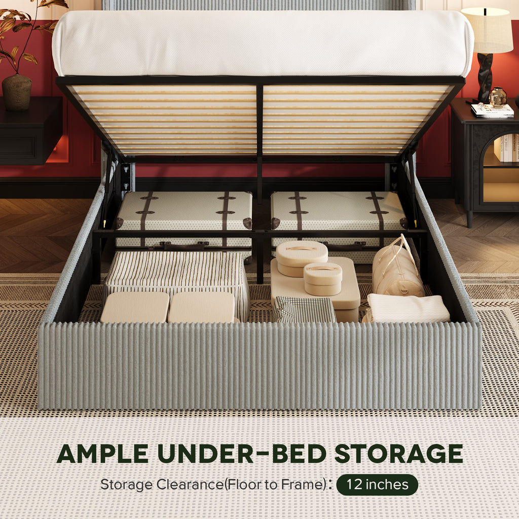 Einfach Hydraulic Lift Up Storage Bed Frame, Corduroy Upholstered Wingback Headboard, Ample Under-bed Storage
