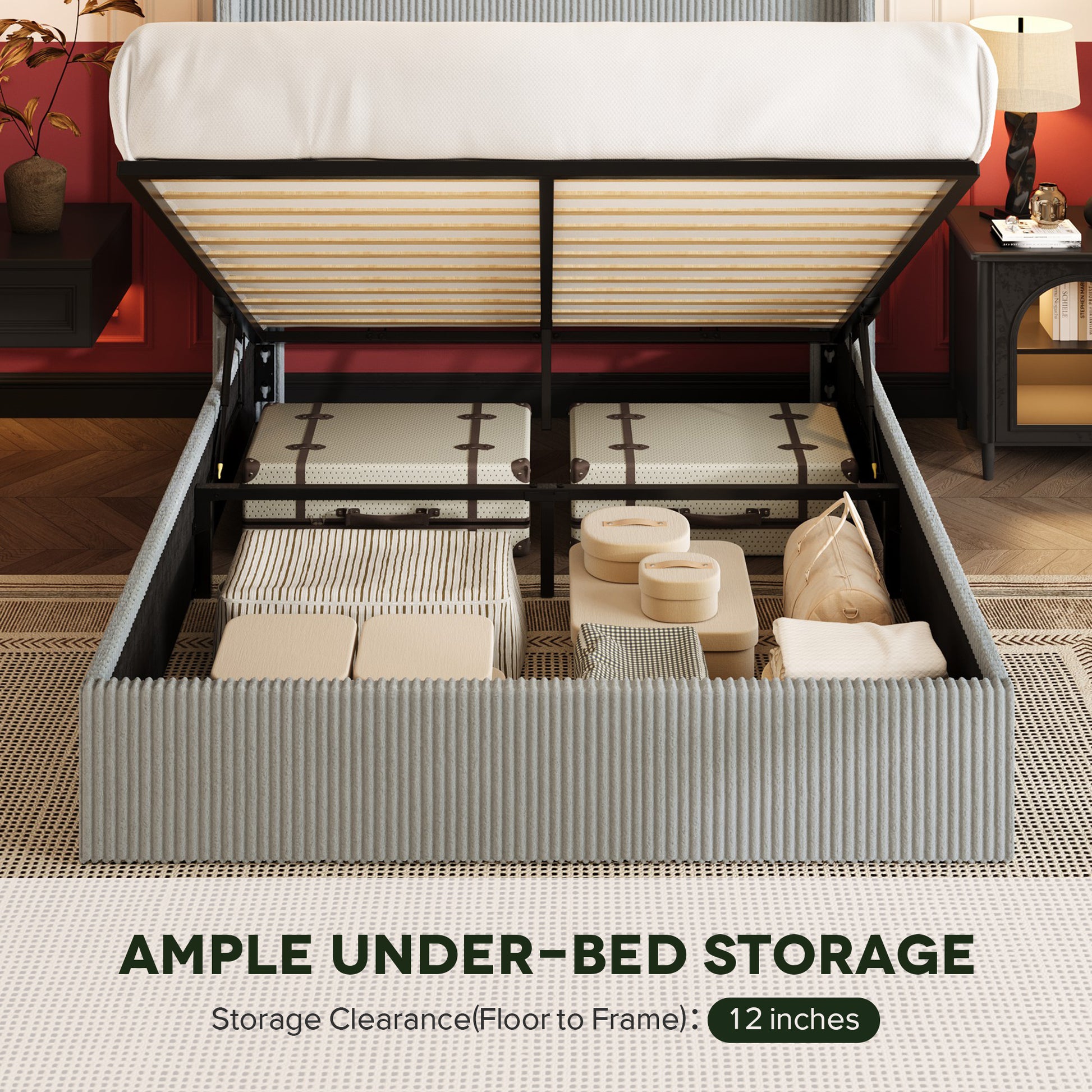 Einfach Hydraulic Lift Up Storage Bed Frame, Corduroy Upholstered Wingback Headboard, Ample Under-bed Storage