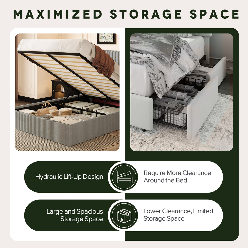 Einfach Hydraulic Lift Up Storage Bed Frame, Corduroy Upholstered Wingback Headboard, Ample Under-bed Storage