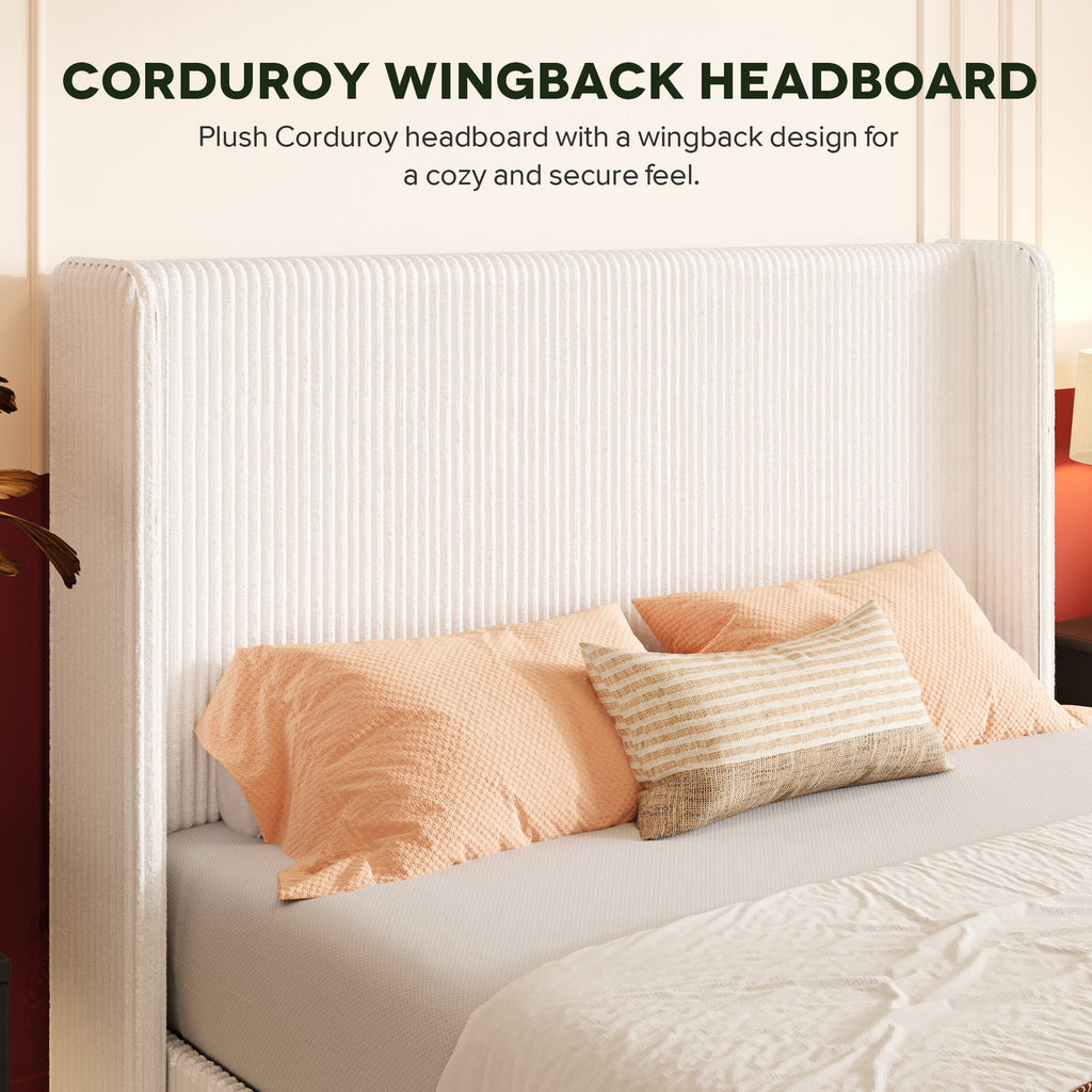 Einfach Hydraulic Lift Up Storage Bed Frame, Corduroy Upholstered Wingback Headboard, Ample Under-bed Storage