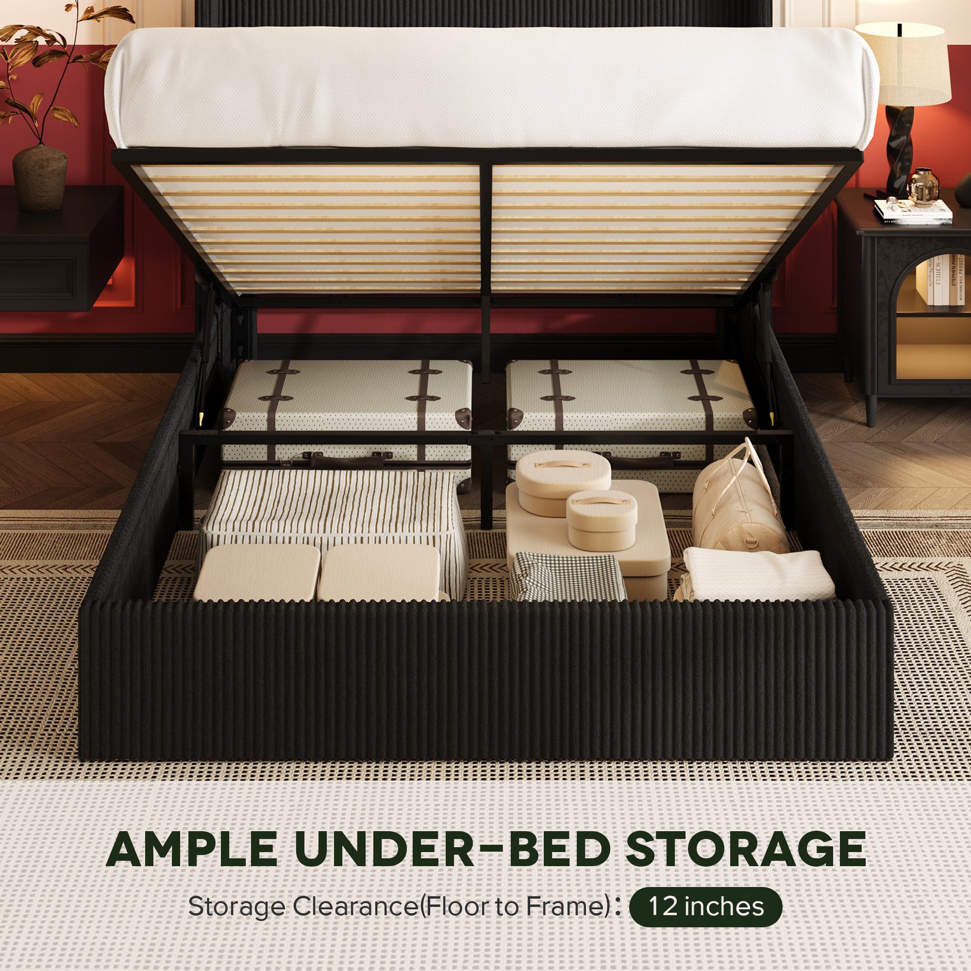 Einfach Hydraulic Lift Up Storage Bed Frame, Corduroy Upholstered Wingback Headboard, Ample Under-bed Storage