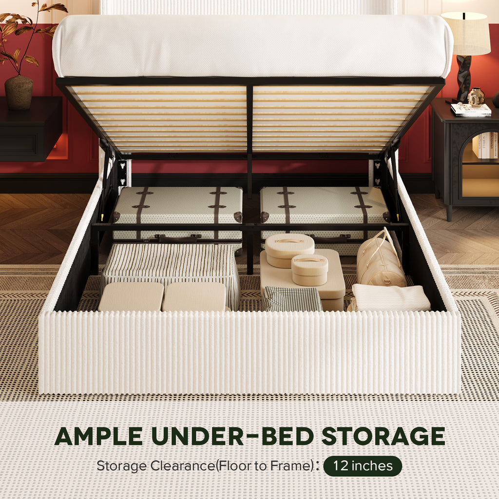 Einfach Hydraulic Lift Up Storage Bed Frame, Corduroy Upholstered Wingback Headboard, Ample Under-bed Storage