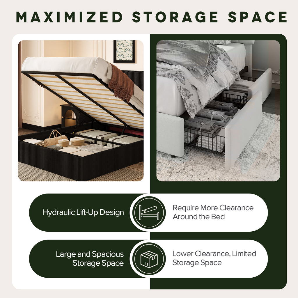 Einfach Hydraulic Lift Up Storage Bed Frame, Corduroy Upholstered Wingback Headboard, Ample Under-bed Storage
