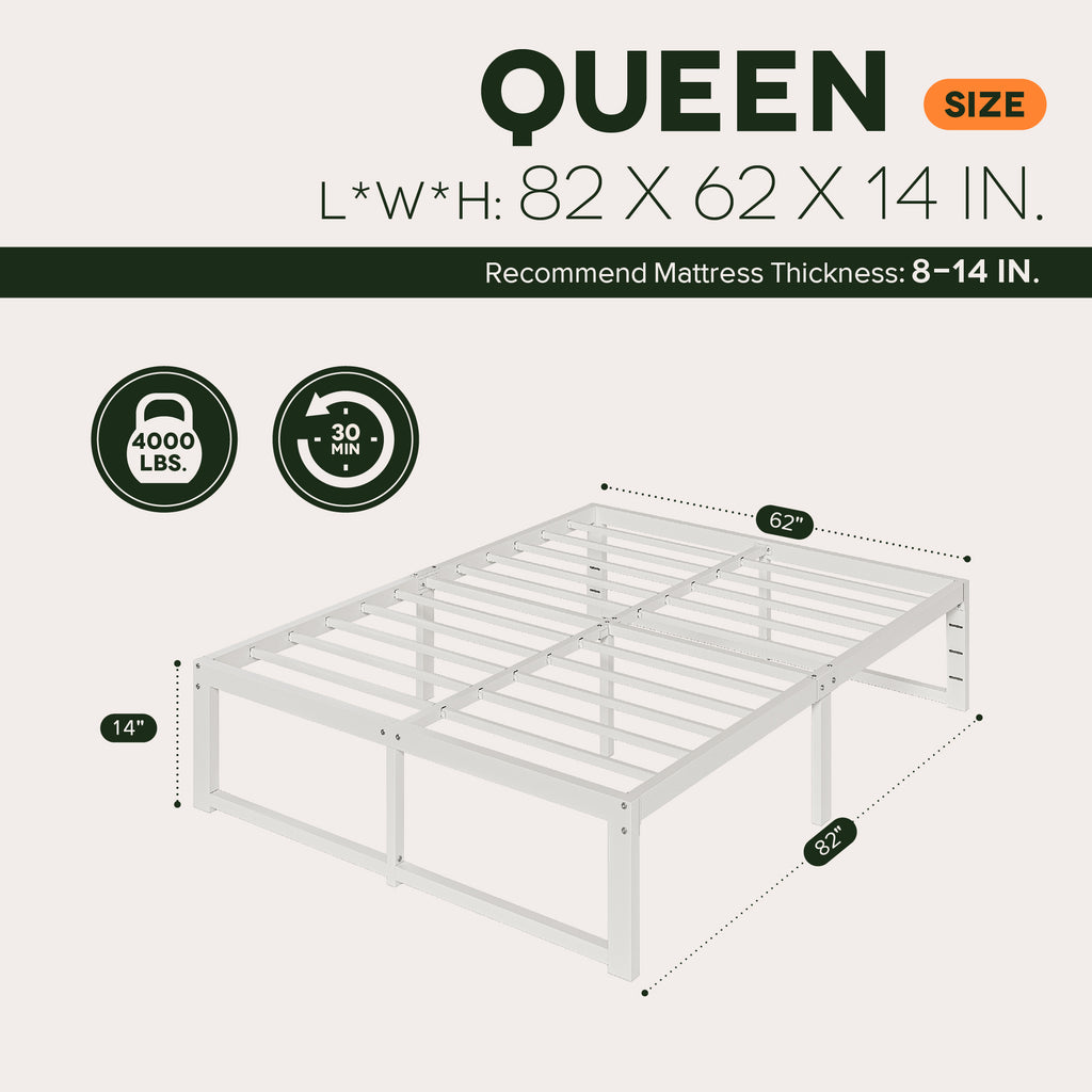 Einfach 14" Bed Frame, Heavy Duty Metal Slat Platform with Ample Underbed Storage, Noise Free