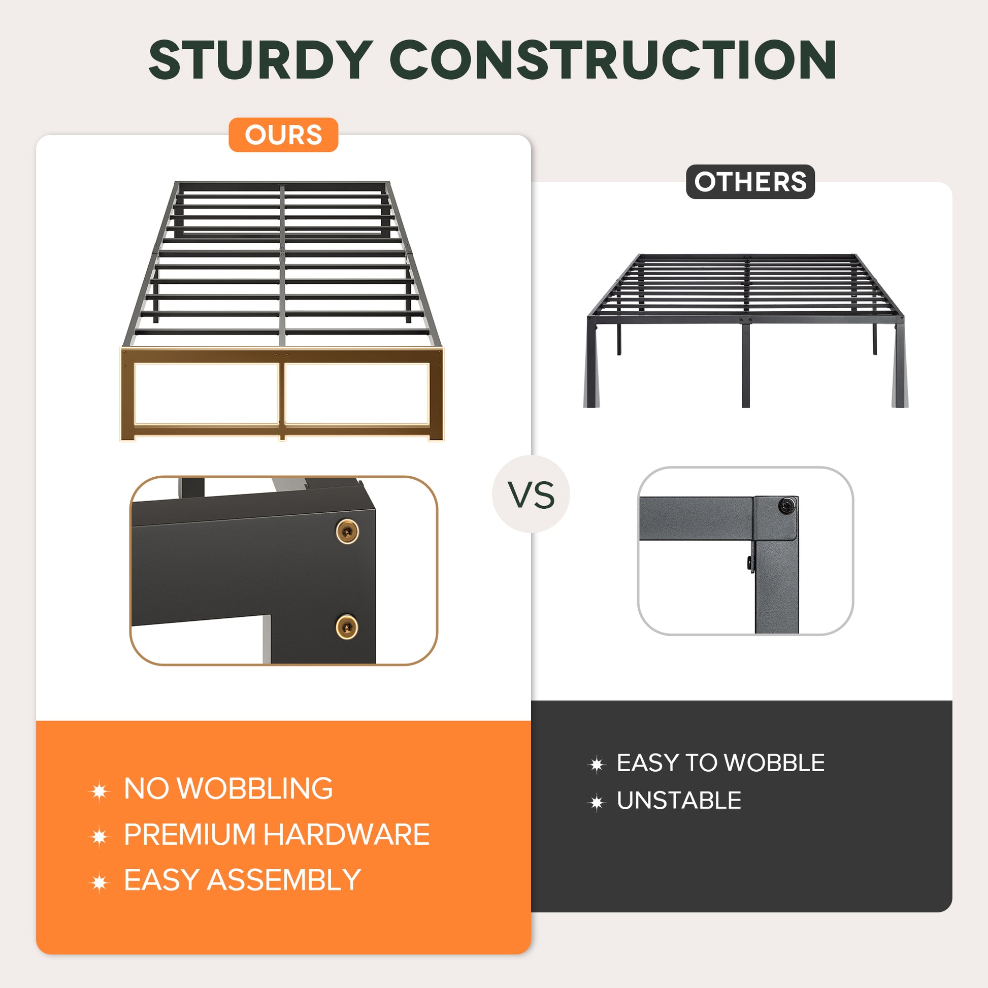 Einfach 14" Bed Frame, Heavy Duty Metal Slat Platform with Ample Underbed Storage, Noise Free