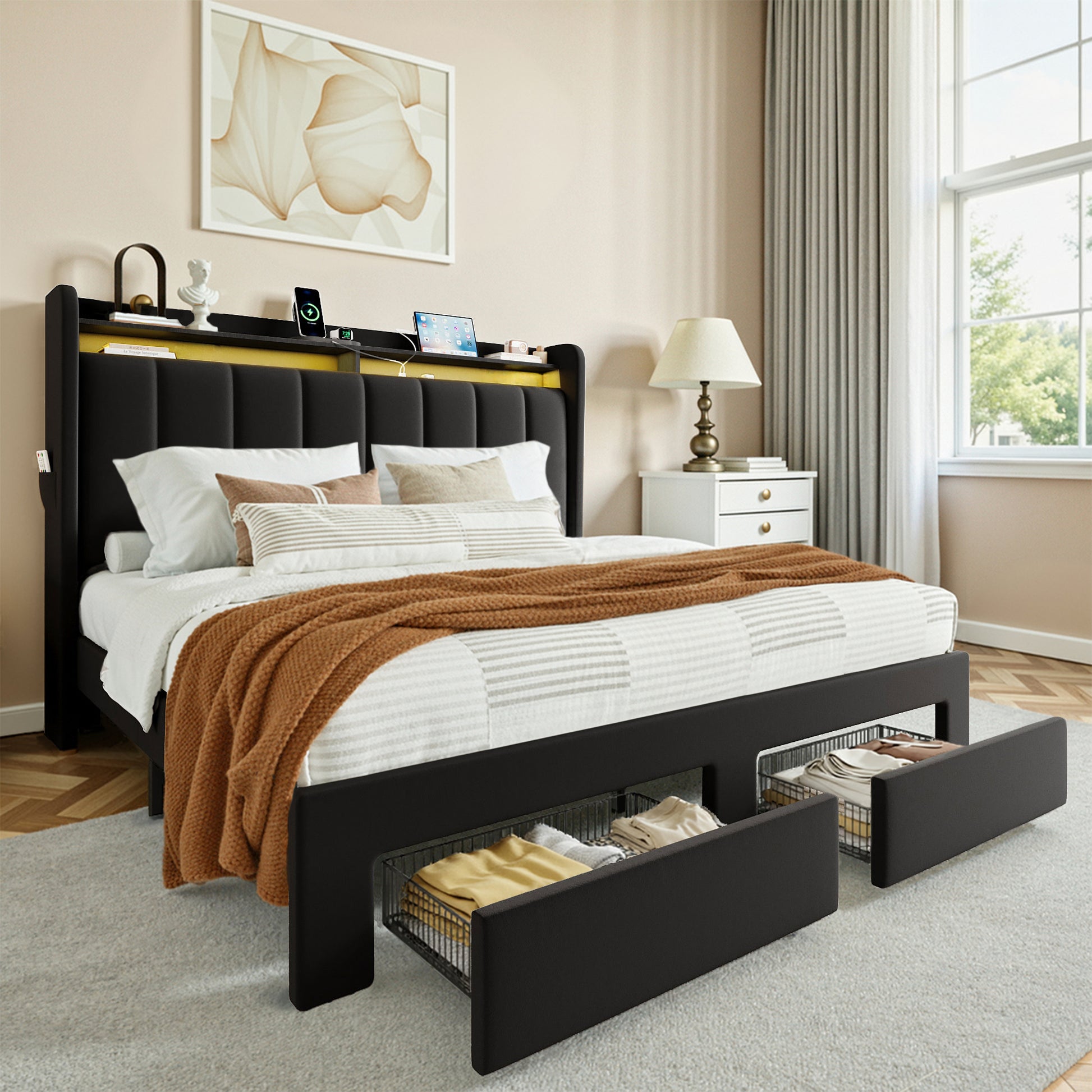 Einfach Bed Frame, Storage Bed with Built-In Charging Station, Velvet Upholstered Wingback Headboard