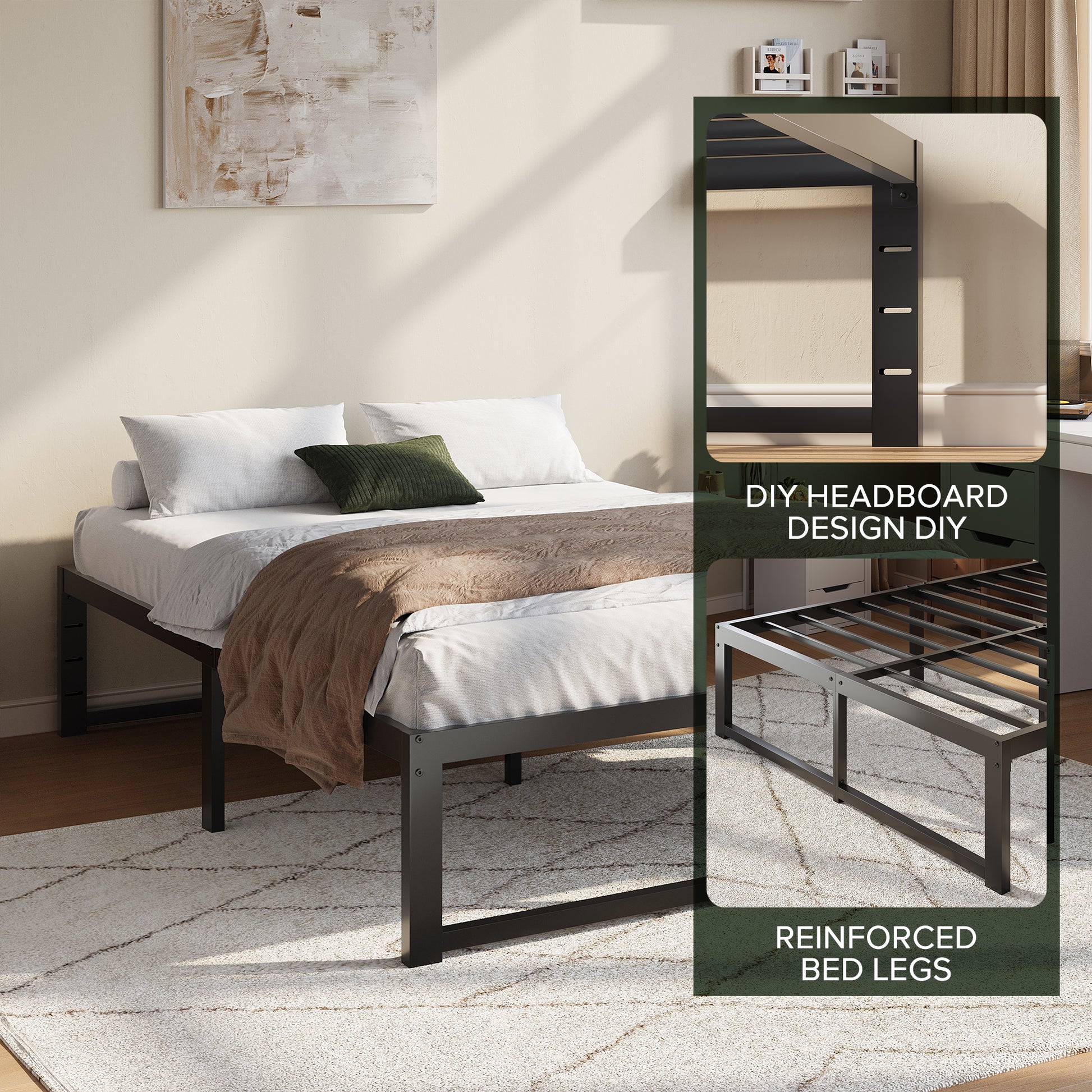 Einfach 14" Bed Frame, Heavy Duty Metal Slat Platform with Ample Underbed Storage, Noise Free