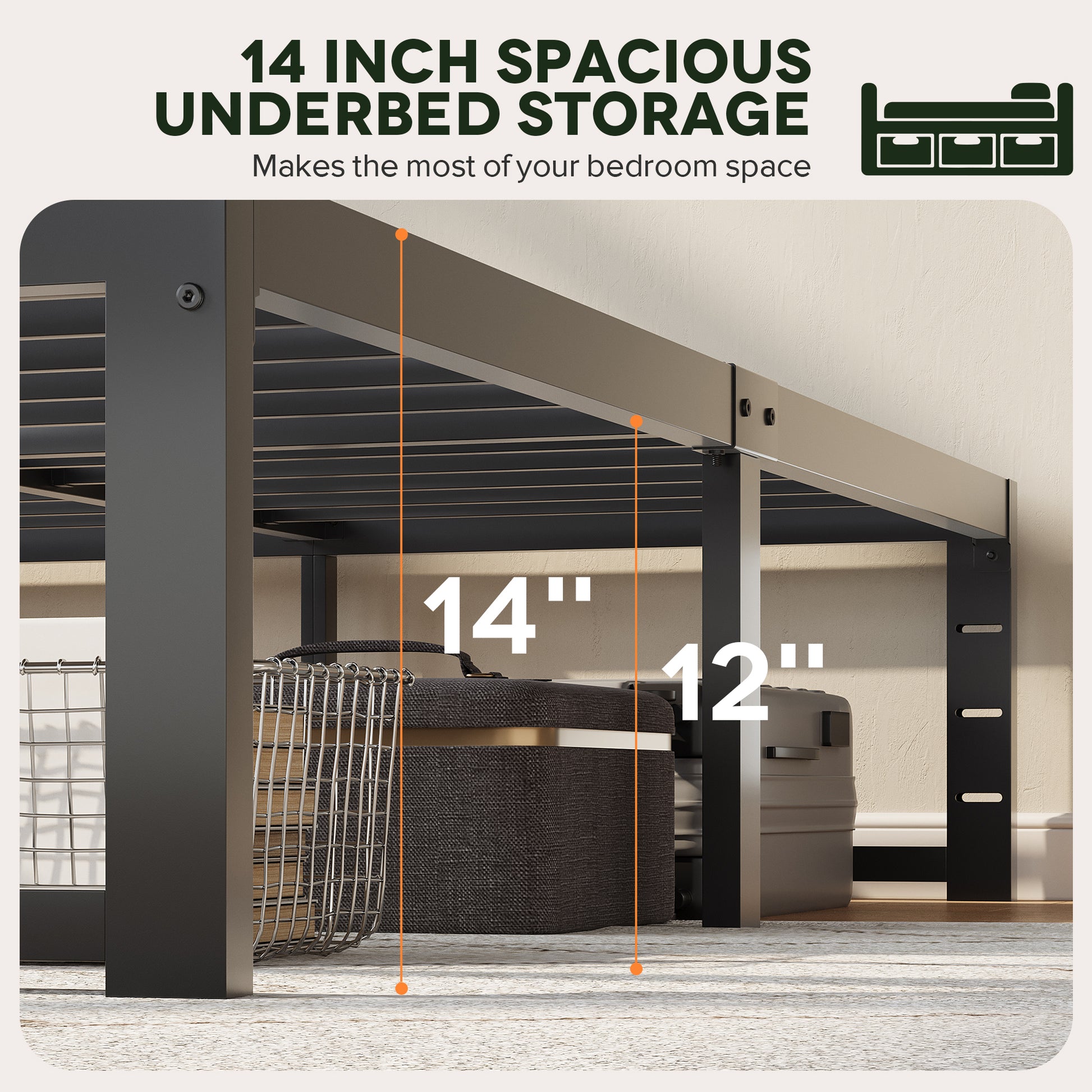 Einfach 14" Bed Frame, Heavy Duty Metal Slat Platform with Ample Underbed Storage, Noise Free