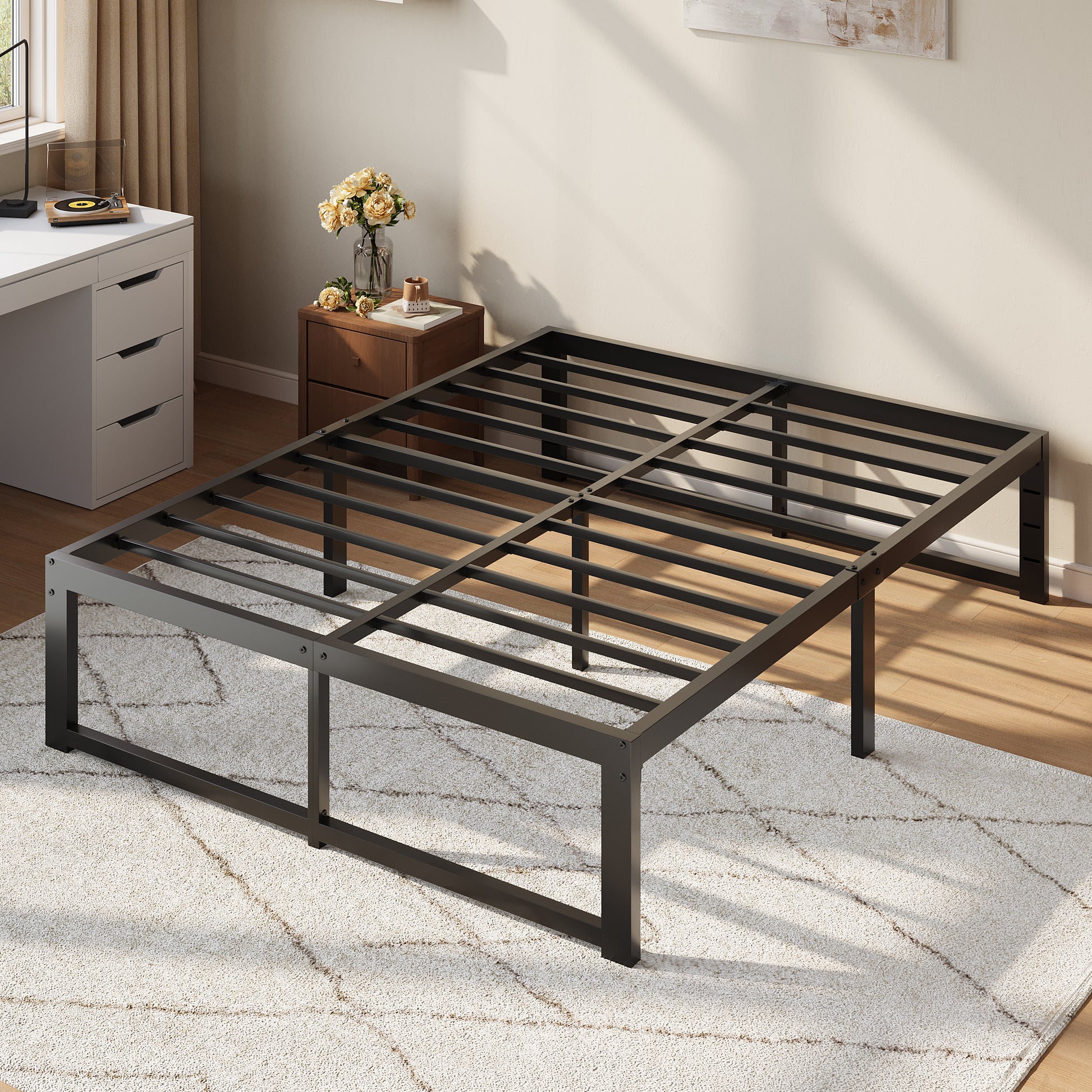 Einfach 14" Bed Frame, Heavy Duty Metal Slat Platform with Ample Underbed Storage, Noise Free