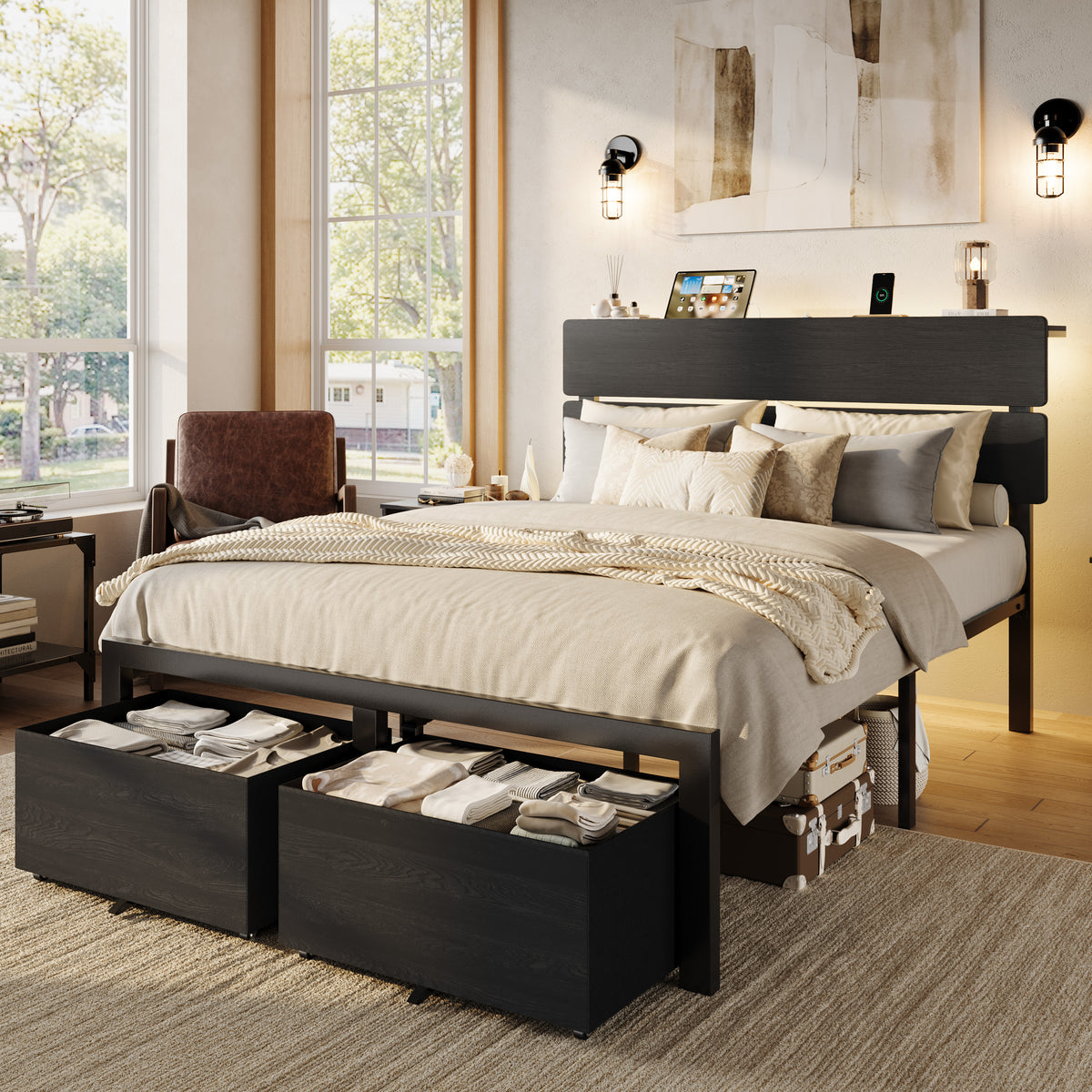 Einfach Bed Frame with 2 Large‑Capacity Drawers, LED Wooden Storage Headboard and Charging Station, No Box Spring Required
